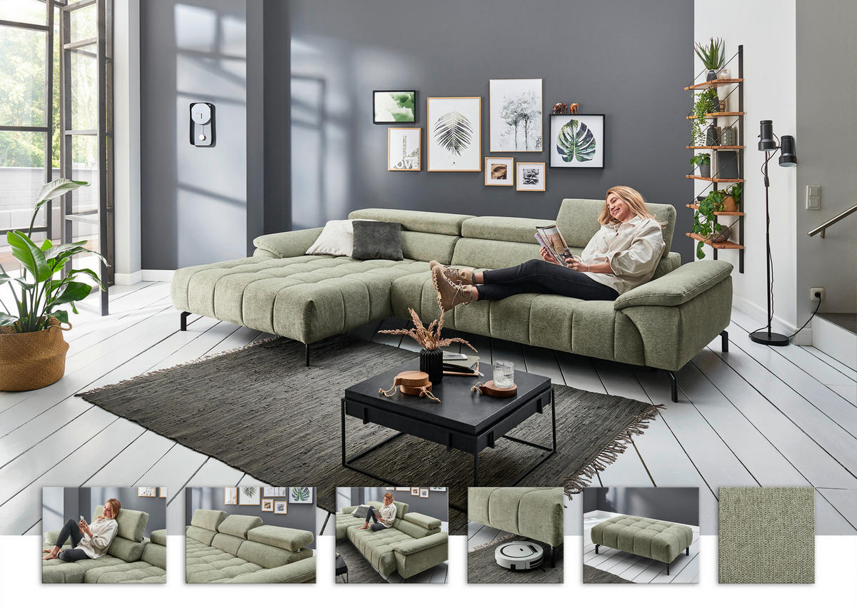 ECKSOFA in Webstoff Grün  - Schwarz/Grün, Design, Textil/Metall (329/190cm) - Beldomo Style
