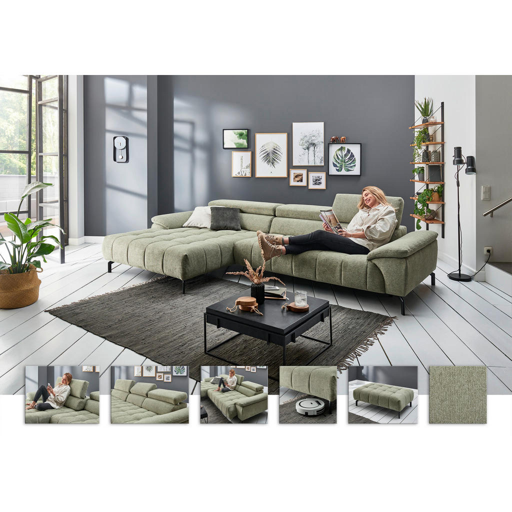 Thumbnail - Beldomo Style Ecksofa, Grün, Textil, Uni, 3-Sitzer, Ottomane rechts, L-Form, 329x190 cm, Goldenes M, erweiterbar, Fußaus...