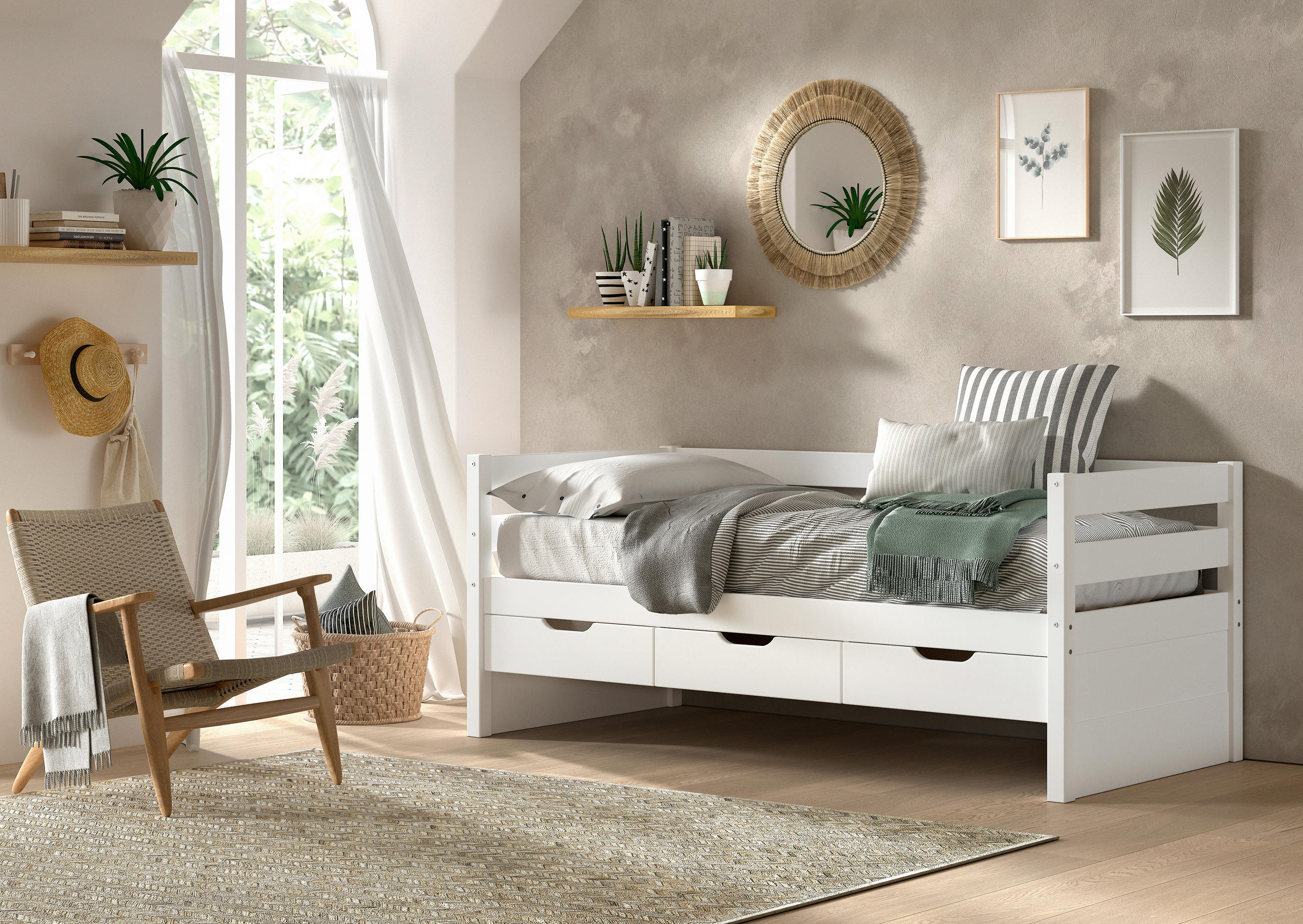 STAURAUMBETT 90/200 cm  in Weiß  - Naturfarben/Weiß, MODERN, Holz (90/200cm) - Vipack
