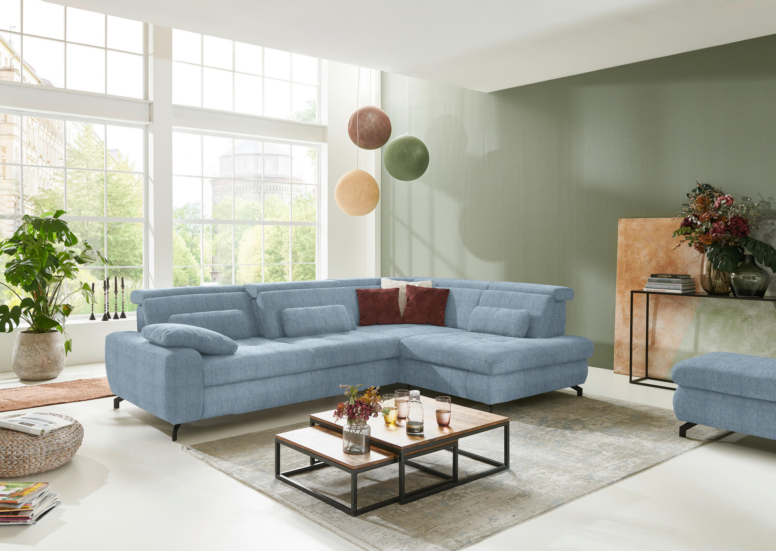 ECKSOFA in Chenille Hellblau  - Schwarz/Hellblau, Design, Textil/Metall (310/220cm) - Beldomo Style