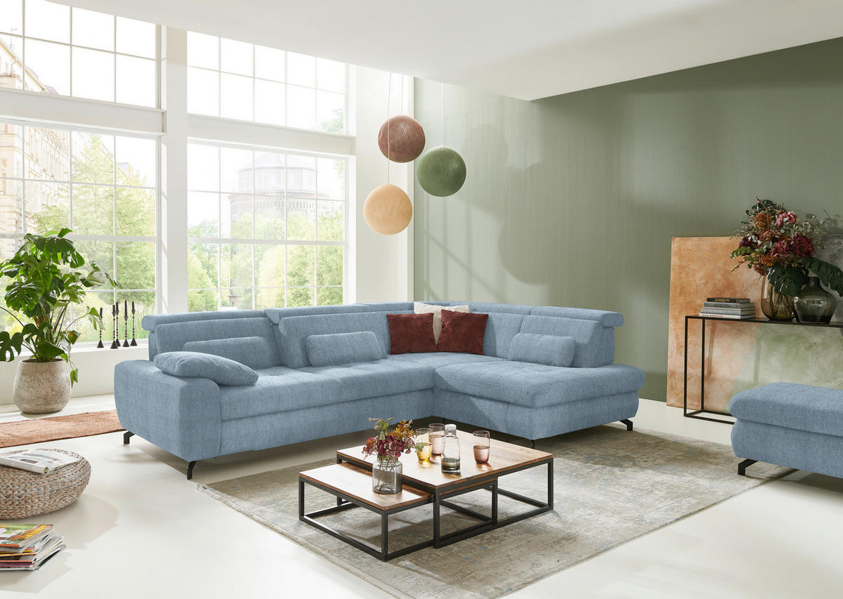 ECKSOFA in Chenille Hellblau  - Schwarz/Hellblau, Design, Textil/Metall (310/220cm) - Beldomo Style
