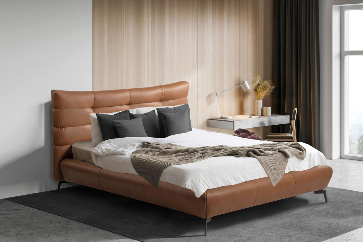 POLSTERBETT gepolstertes Kopfteil Cognac 180/200 cm  - Cognac/Schwarz, Design, Leder/Metall (180/200cm) - Esposa