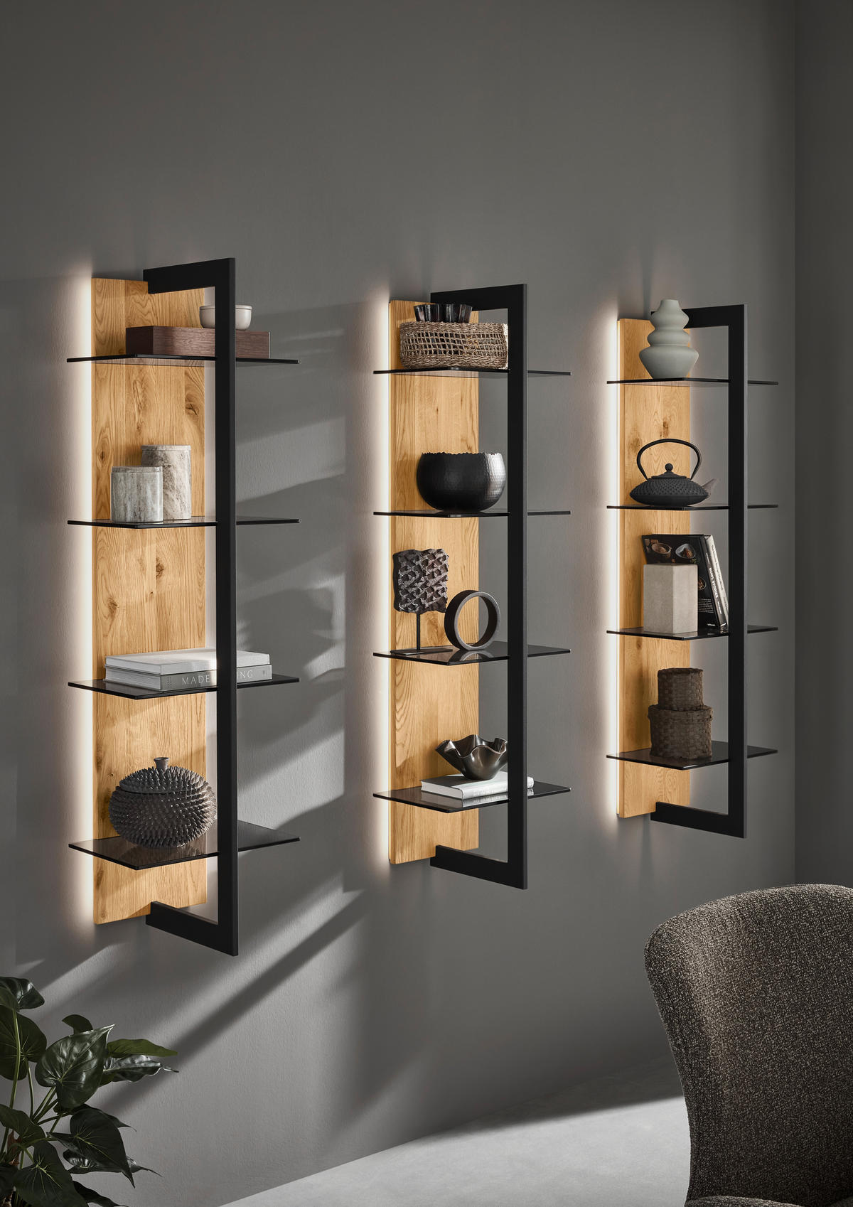 WANDREGAL  38,4/145,1/33 cm  - Eichefarben/Graphitfarben, Natur, Glas/Holz (38,4/145,1/33cm) - Valdera