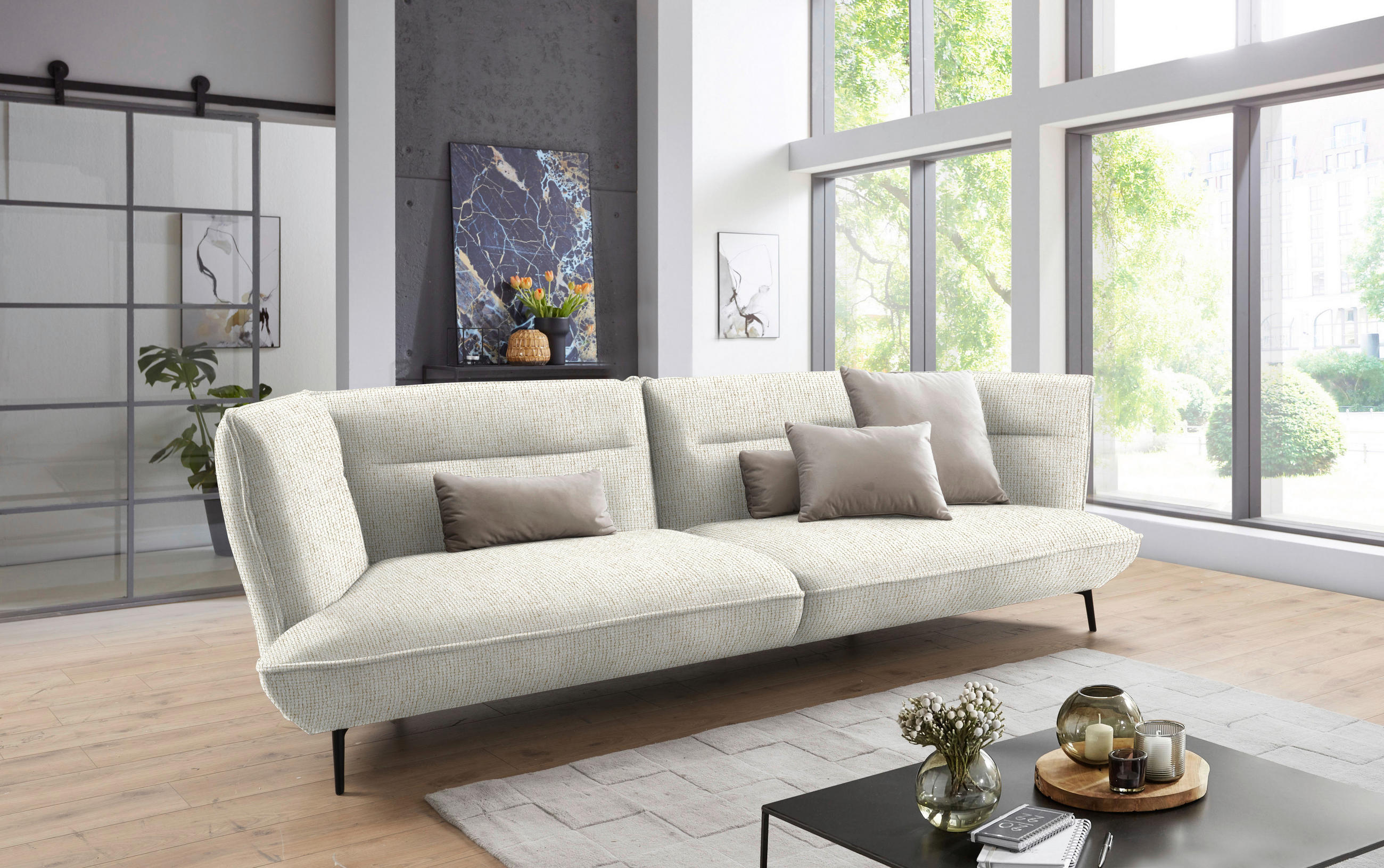 MEGASOFA in Flachgewebe Creme  - Creme/Schwarz, Design, Holzwerkstoff/Textil (339/92/99cm) - Moderano