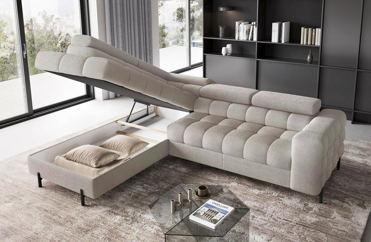 ECKSOFA FERUCCE in Teddystoff Beige  200/276 cm  - Beige/Schwarz, Design, Textil/Metall (200/276cm) - MID.YOU