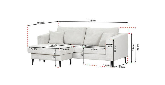 ECKSOFA Hellgrau Cord  - Hellgrau/Schwarz, KONVENTIONELL, Holz/Textil (212/155cm) - Carryhome