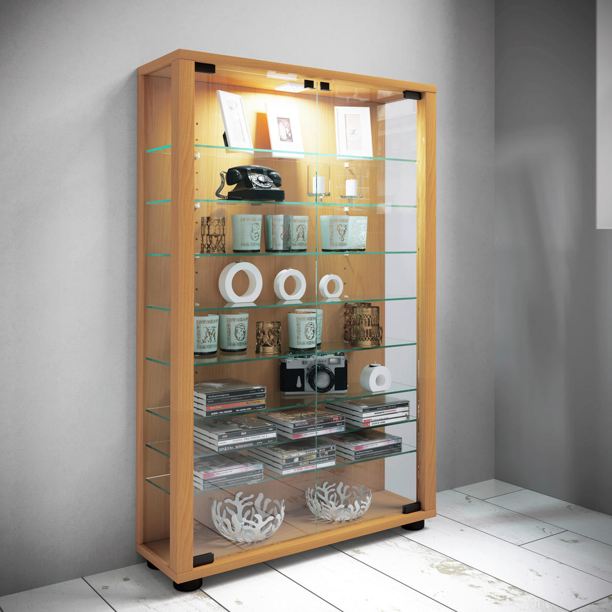 VITRINA, barve bukve - črna/barve bukve, Design, umetna masa/steklo (59/90/18cm) - MID.YOU