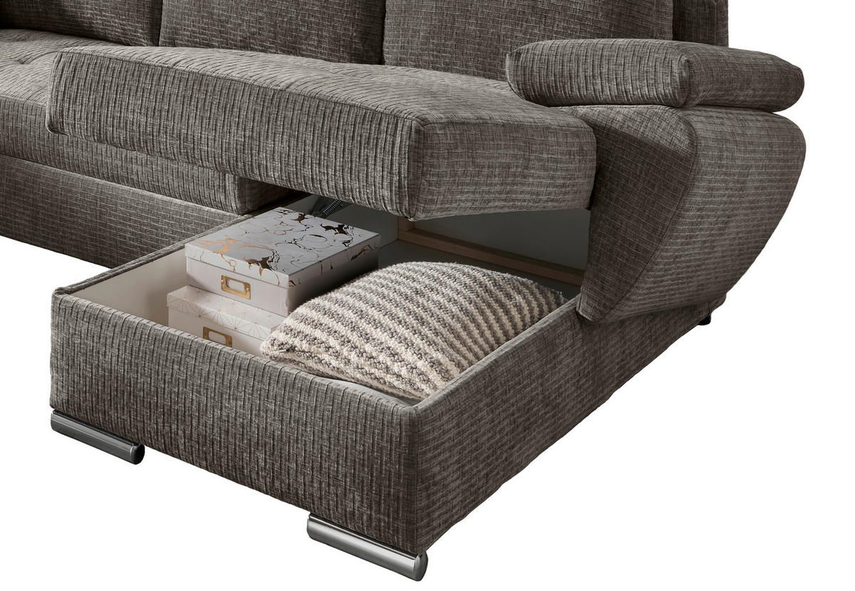 Wohnlandschaft in Mikrofaser Graubraun  - Chromfarben/Graubraun, KONVENTIONELL, Textil (219/305/157cm) - Livetastic