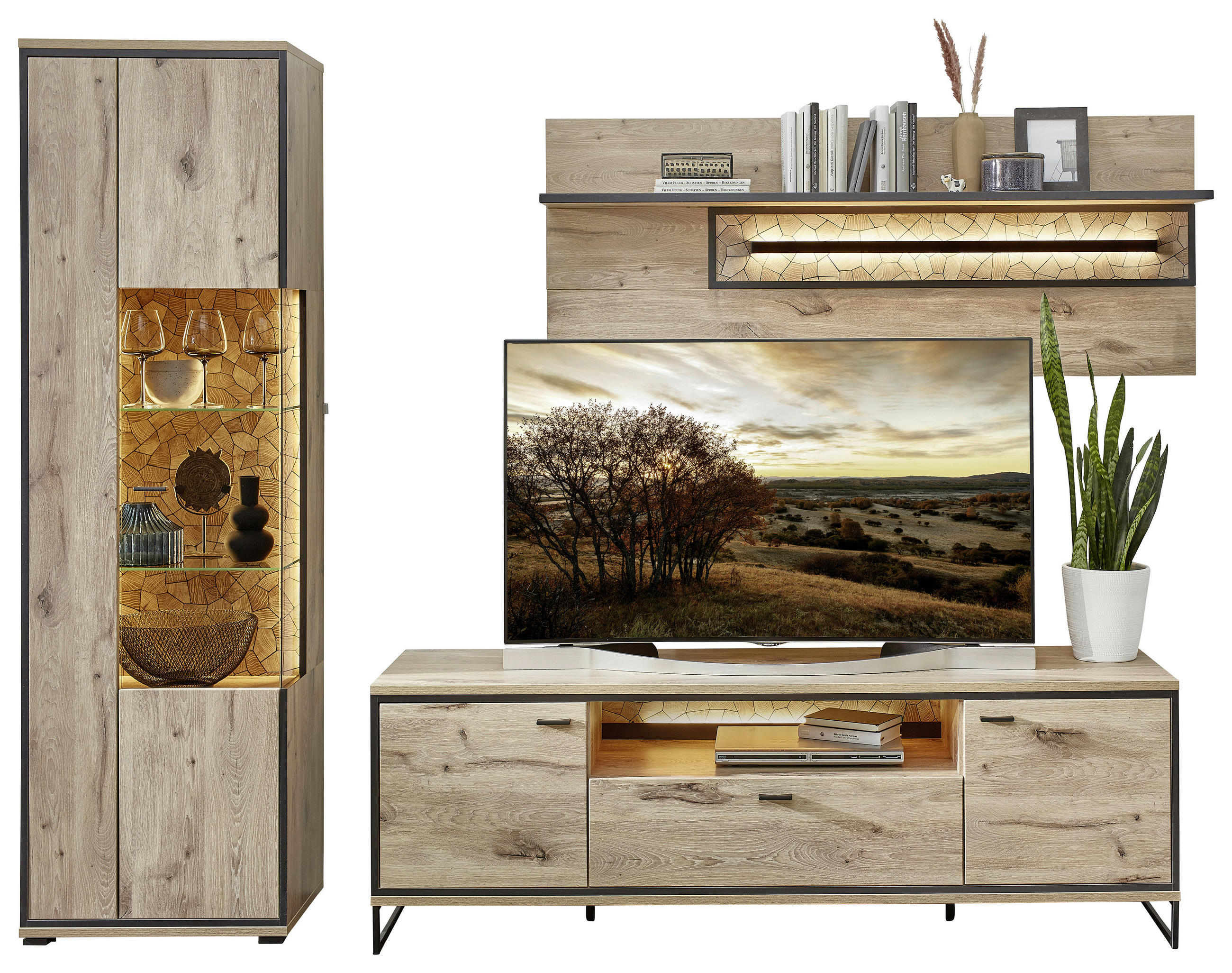 WOHNWAND  in Schwarz, Eichefarben  270/205/49 cm  - Eichefarben/Schwarz, KONVENTIONELL, Glas/Holzwerkstoff (270/205/49cm) - Livetastic