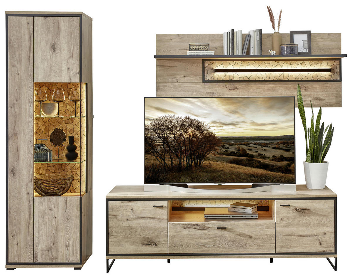 WOHNWAND  in Schwarz, Eichefarben  270/205/49 cm  - Eichefarben/Schwarz, KONVENTIONELL, Glas/Holzwerkstoff (270/205/49cm) - Livetastic