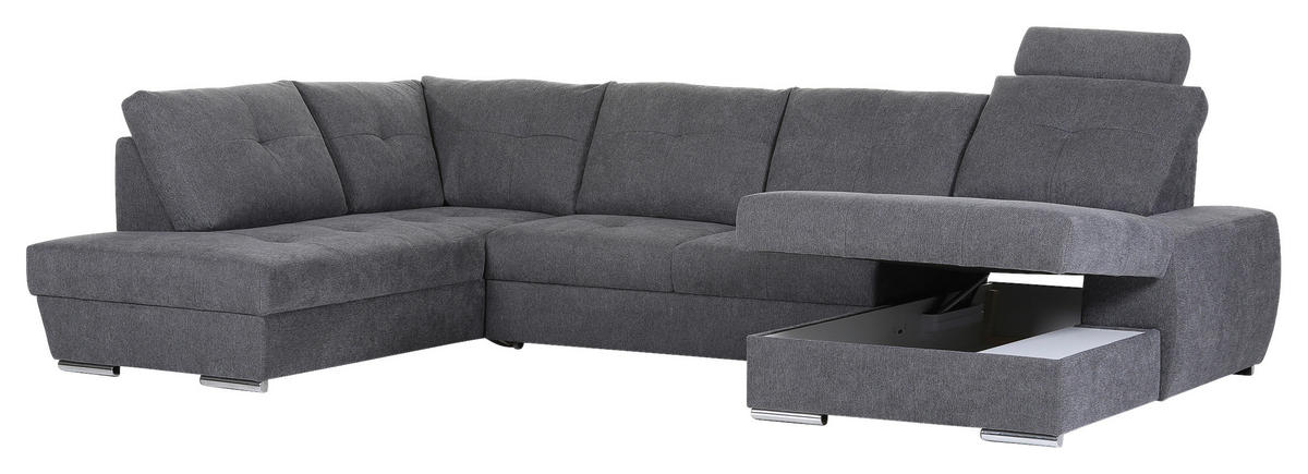 WOHNLANDSCHAFT Dunkelgrau Flachgewebe  - Chromfarben/Dunkelgrau, KONVENTIONELL, Kunststoff/Textil (217/338/180cm) - Hom`in