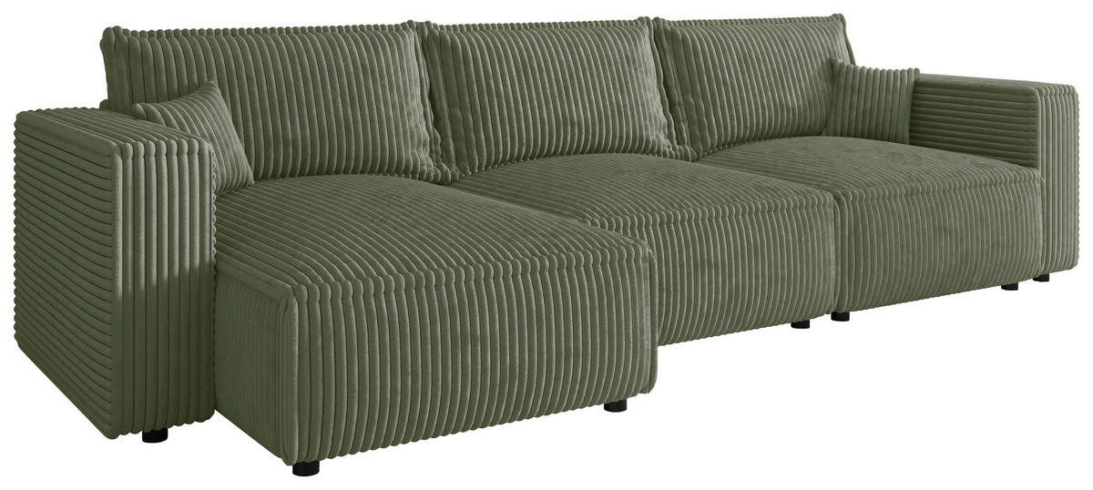 ECKSOFA Olivgrün Cord Zierkissen, Rückenkissen, Schlaffunktion, Rücken echt  - Schwarz/Olivgrün, MODERN, Kunststoff/Textil (350/168cm) - Xora
