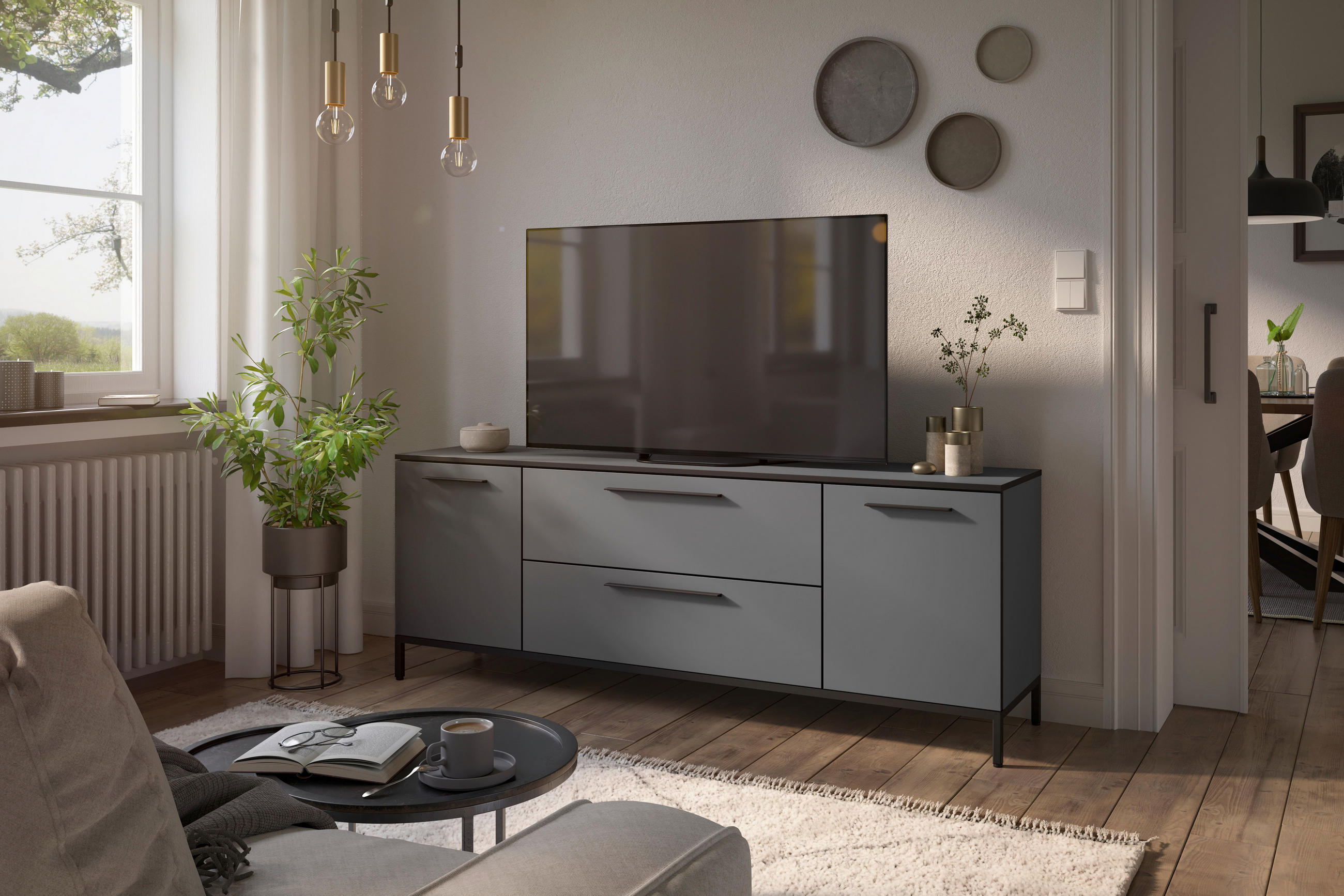 LOWBOARD Soul  in 180/66/40 cm  - Dunkelgrau/Schwarz, MODERN, Holzwerkstoff/Metall (180/66/40cm)