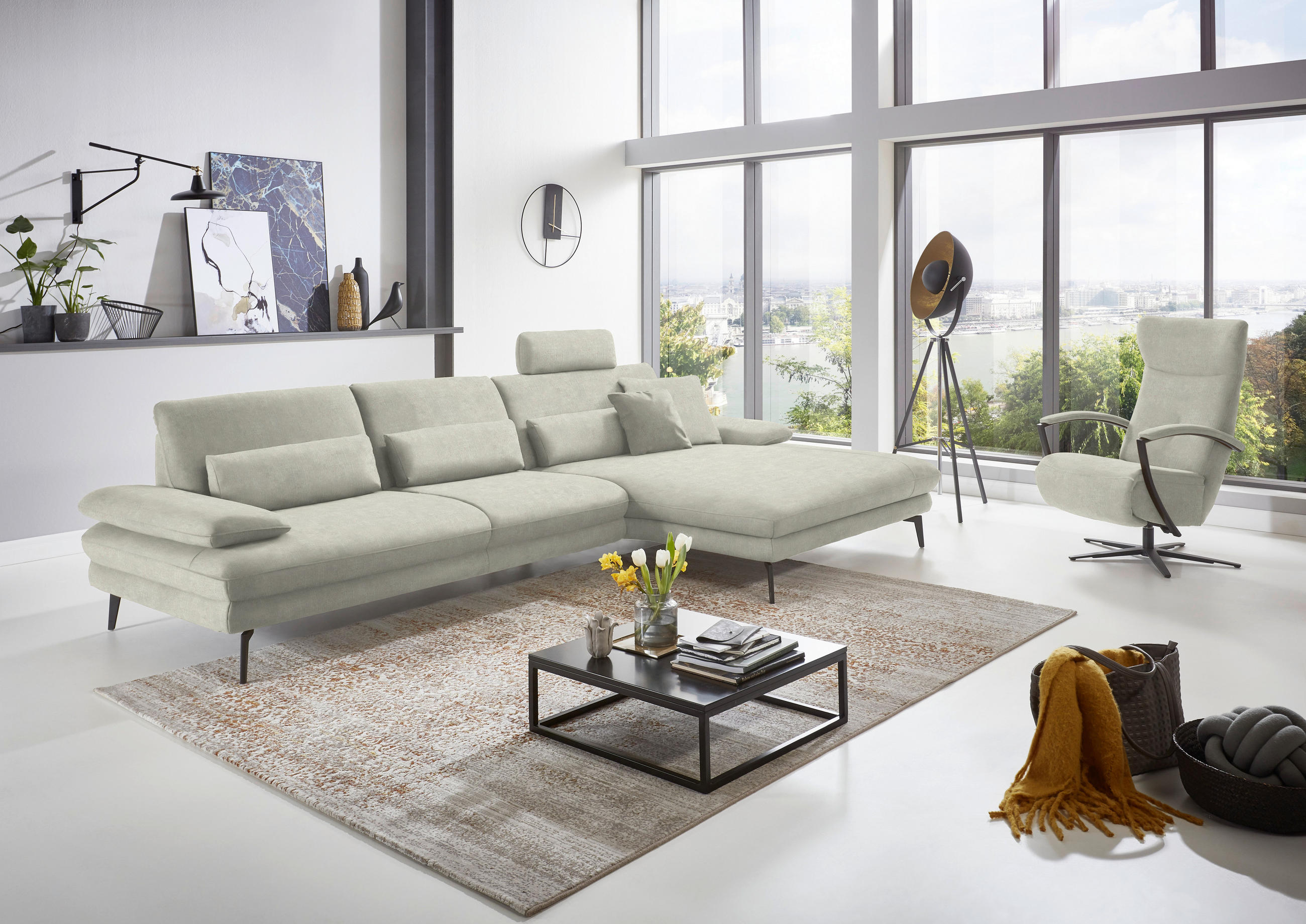 CANAPÉ D'ANGLE in Velours Ecru - Ecru/Schwarz, Design, Textil/Metall (310/180cm) - Dieter Knoll