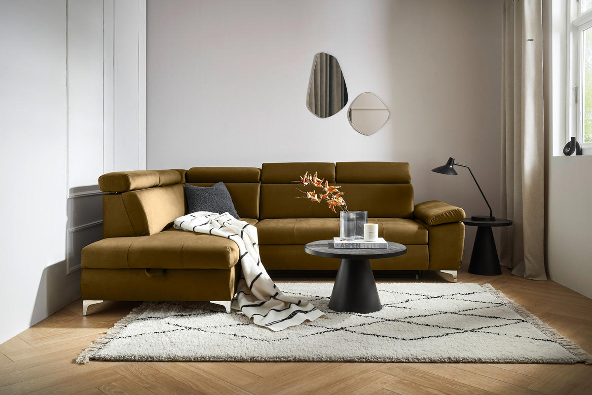 ECKSOFA in Samt Braun, Gelb  - Chromfarben/Gelb, Konventionell, Textil/Metall (206/271cm) - Carryhome