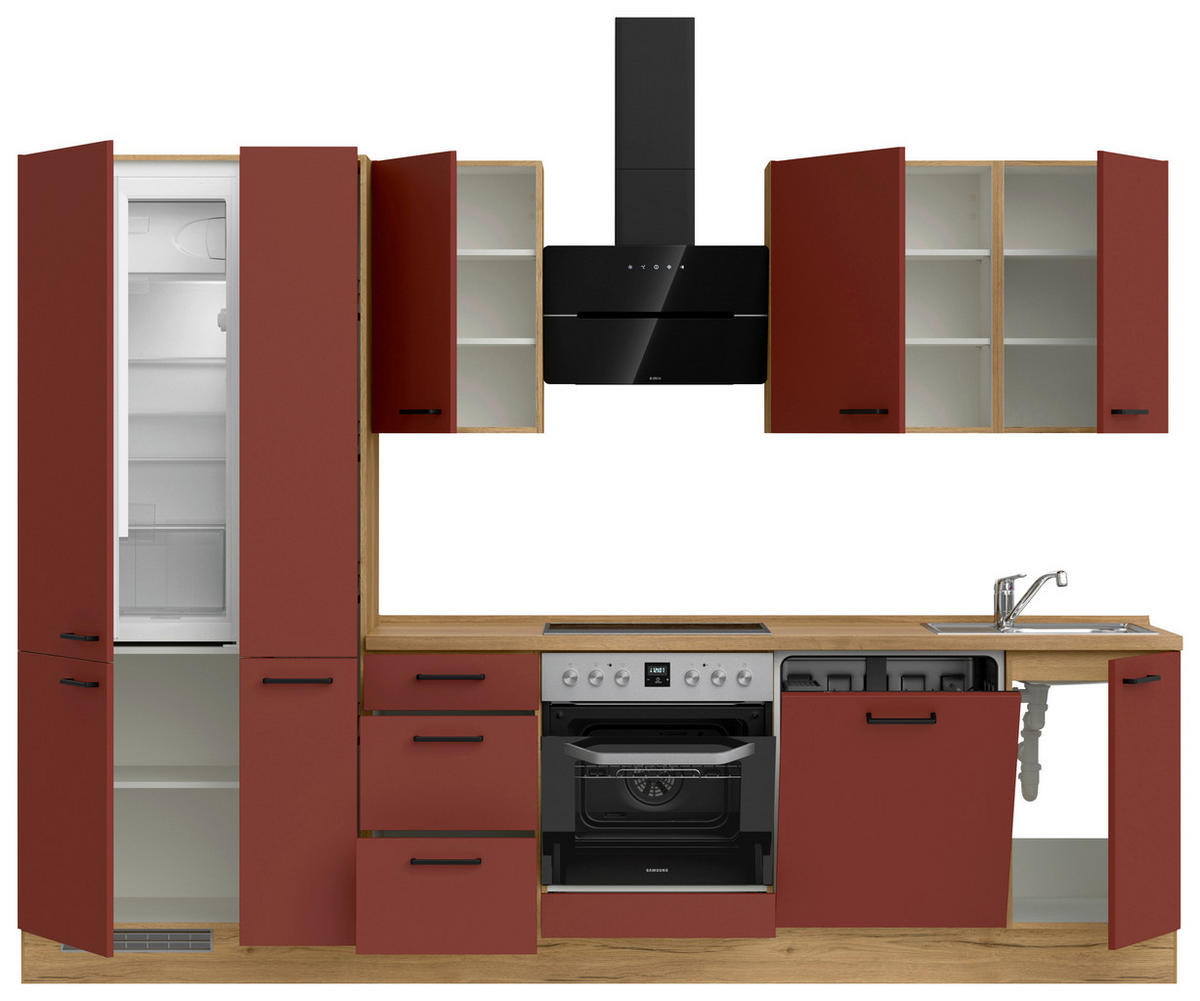 KÜCHENLEERBLOCK 300 cm   in Rot, Eichefarben  - Eichefarben/Rot, MODERN, Holzwerkstoff/Metall (300cm) - Nobilia
