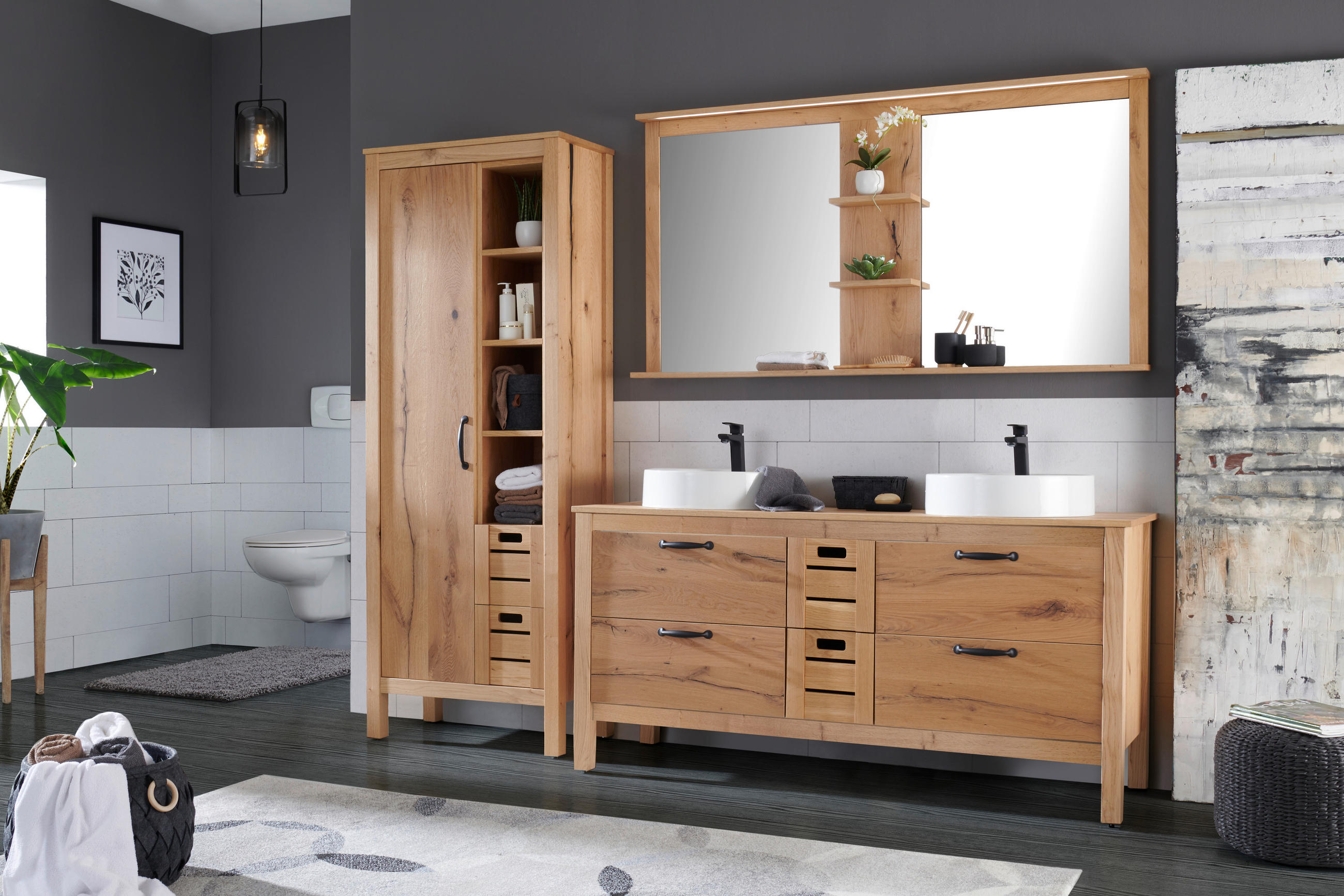 BADEZIMMER  in 155 cm  - Eichefarben/Weiß, MODERN, Glas/Holz (155cm) - Landscape