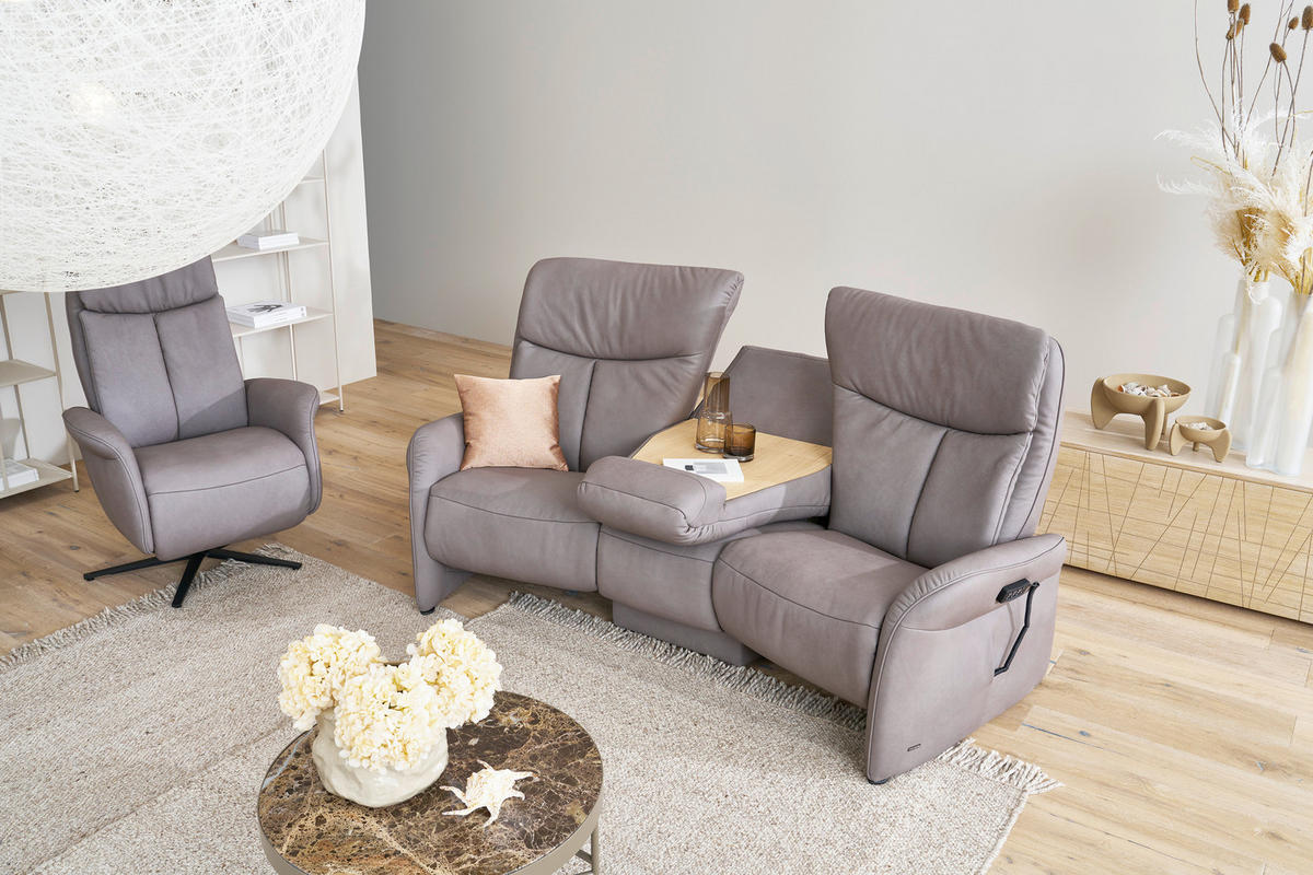 TRAPEZSOFA Echtleder Graubraun Ablage, Relaxfunktion, Kopfteilverstellung  - Anthrazit/Graubraun, Design, Leder/Metall (212/107/104cm) - Himolla Komfortklass