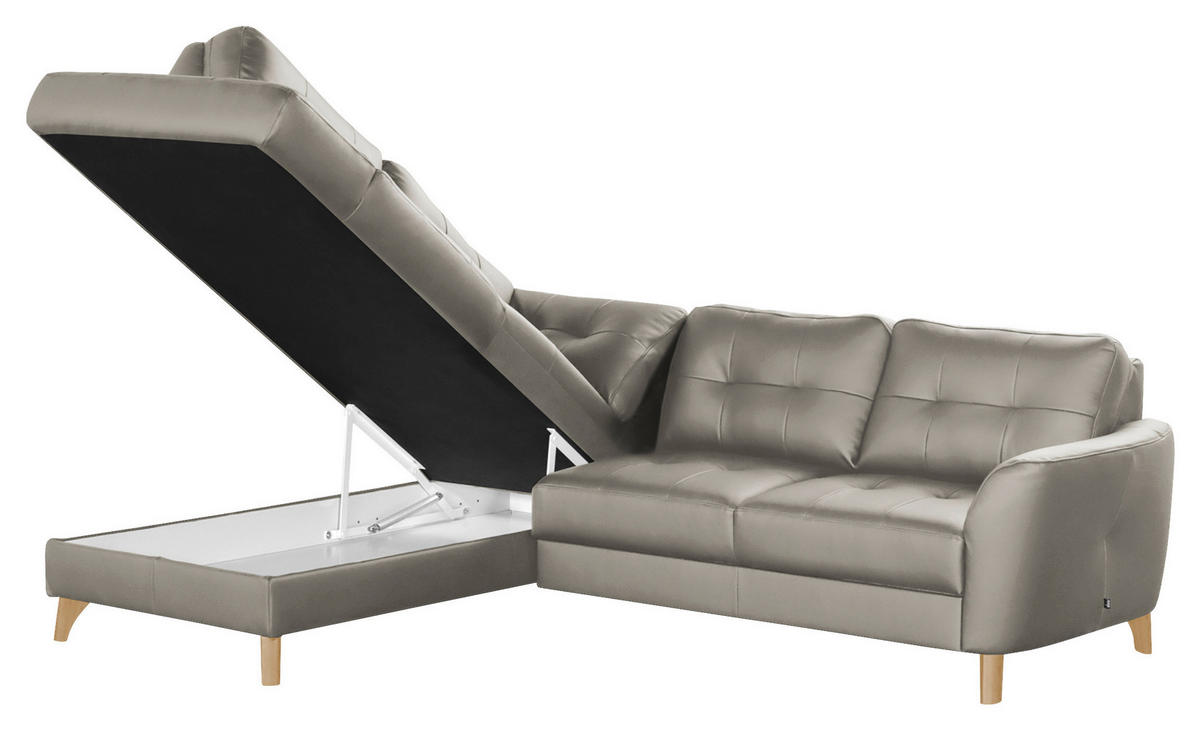 ECKSOFA in Lederlook Echtleder Platinfarben  - Platinfarben/Buchefarben, Design, Leder/Holz (190/236cm) - Livetastic