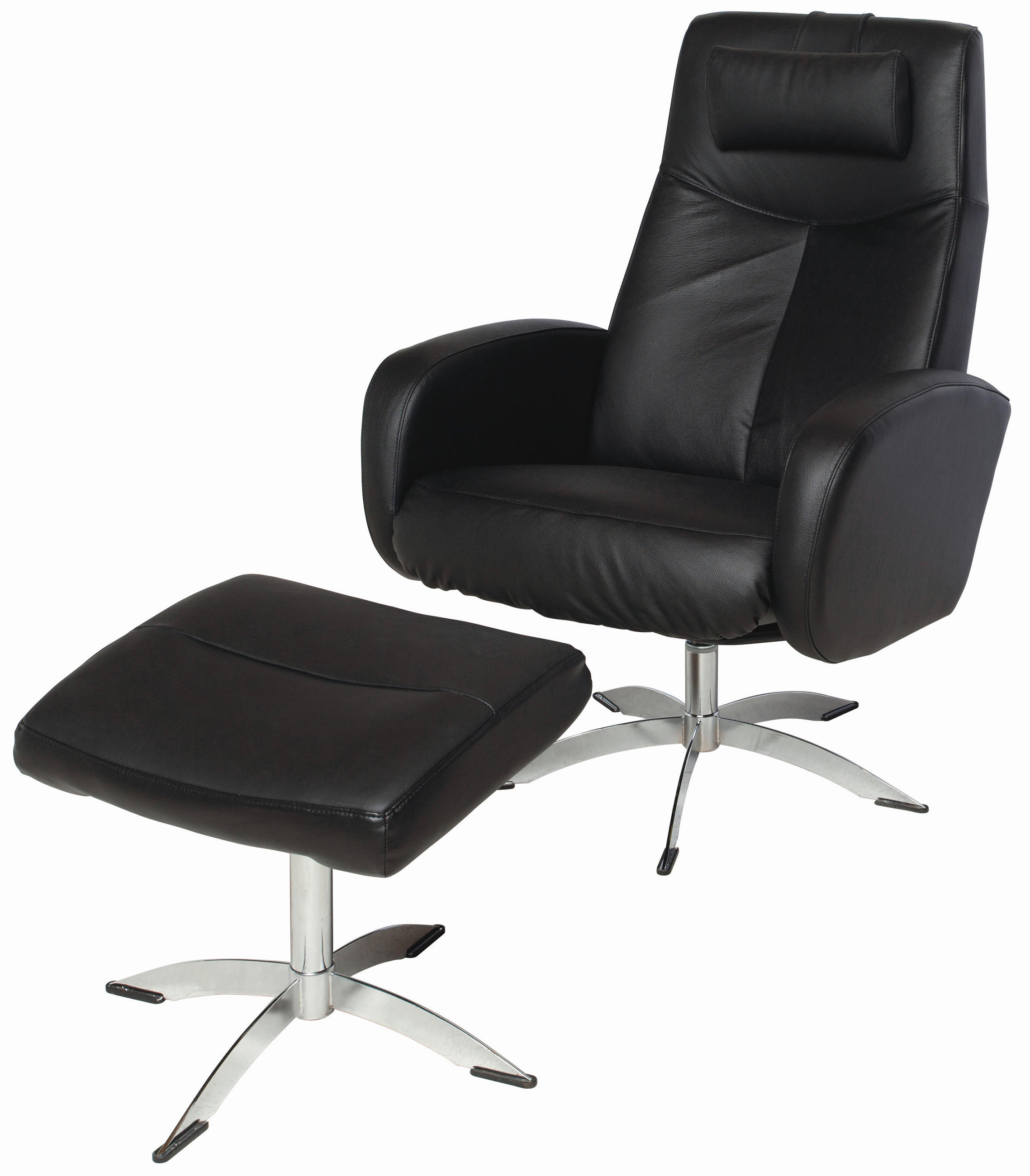 FÅTÖLJ MED FOTPALL i läder svart  - kromfärg/svart, Design, metall/läder (74/105/75cm) - Welnova