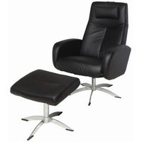 FÅTÖLJ MED FOTPALL i läder svart  - kromfärg/svart, Design, metall/läder (74/105/75cm) - Welnova