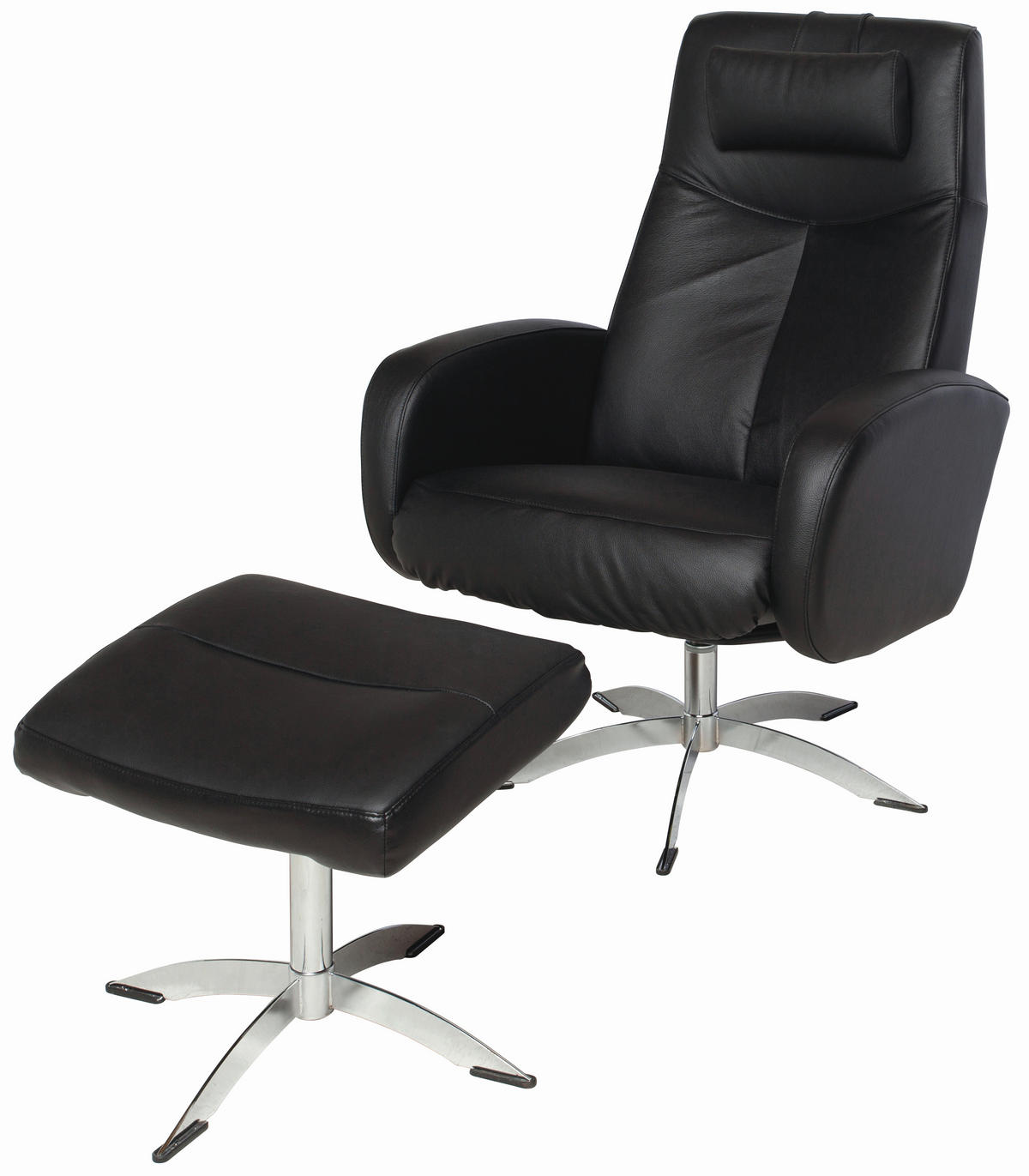 FÅTÖLJ MED FOTPALL i läder svart  - kromfärg/svart, Design, metall/läder (74/105/75cm) - Welnova