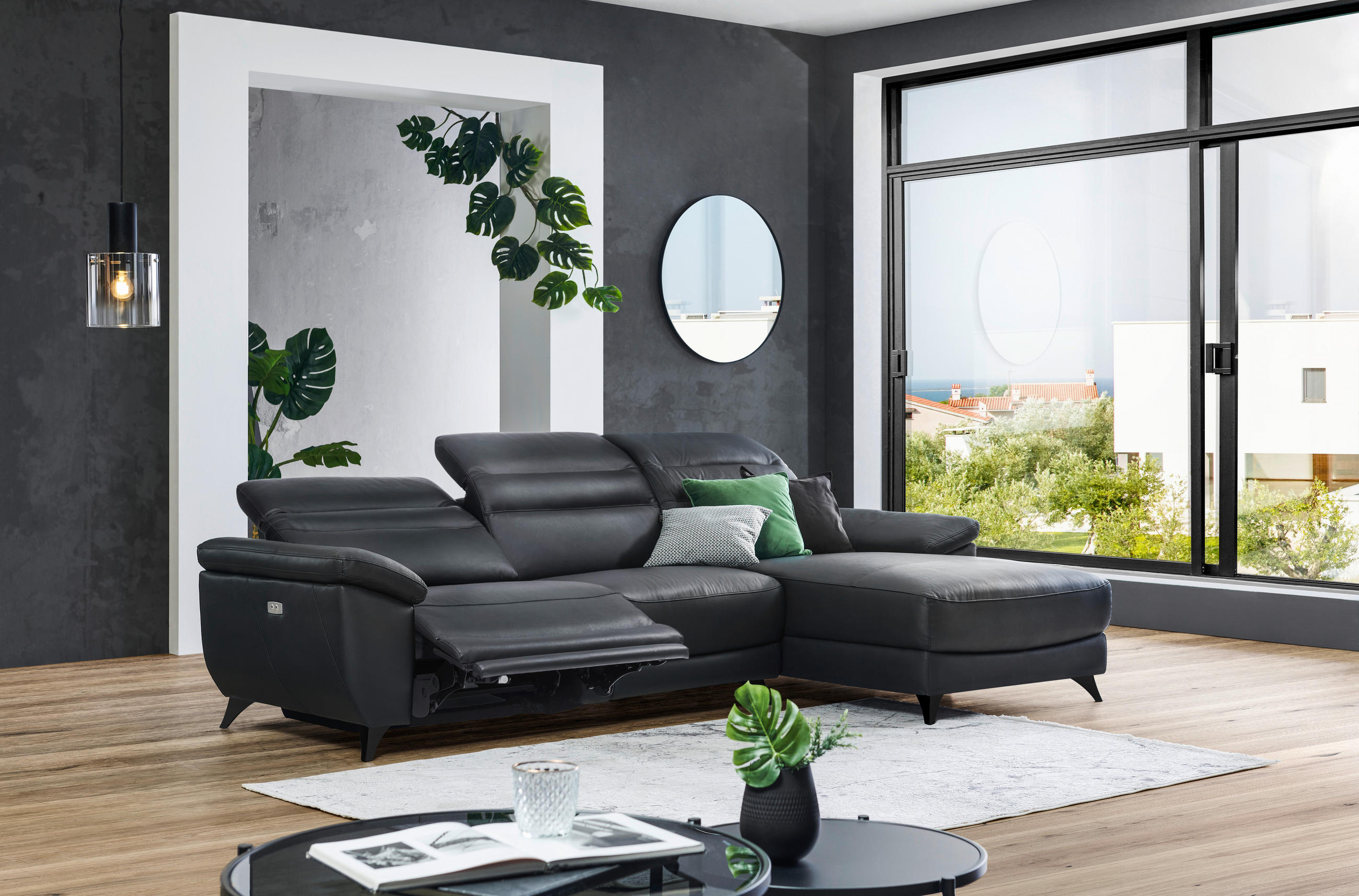 ECKSOFA inkl. Funktionen Schwarz Echtleder, Kombination Echtleder/Lederlook Lederlook  - Schwarz, Design, Leder/Kunststoff (164/269cm) - Xora