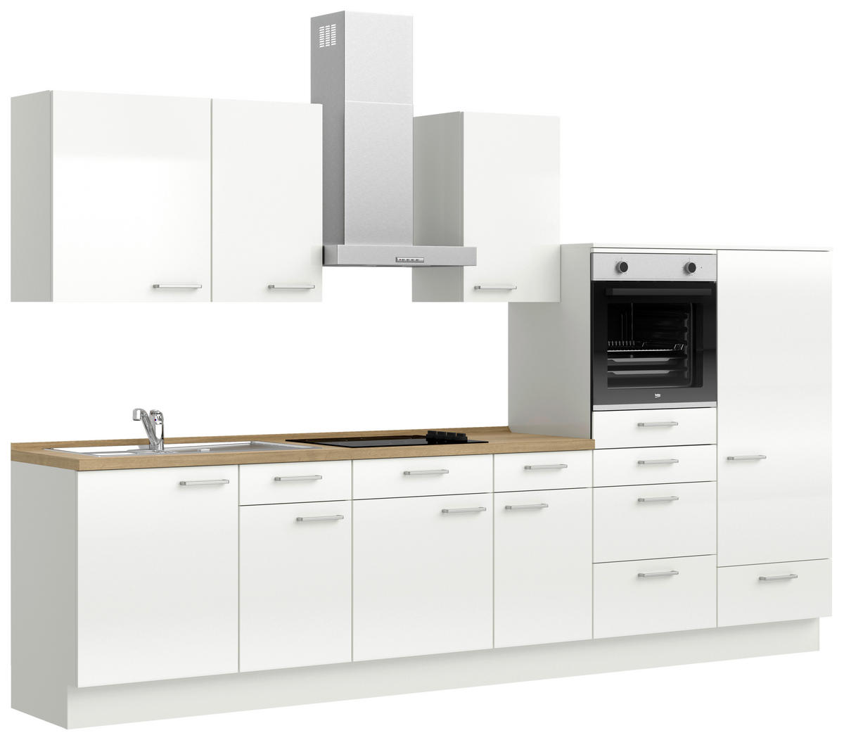 KÜCHENBLOCK 330 cm   in Eichefarben, Weiß Hochglanz  - Edelstahlfarben/Eichefarben, MODERN, Holzwerkstoff/Metall (330cm) - Nobilia