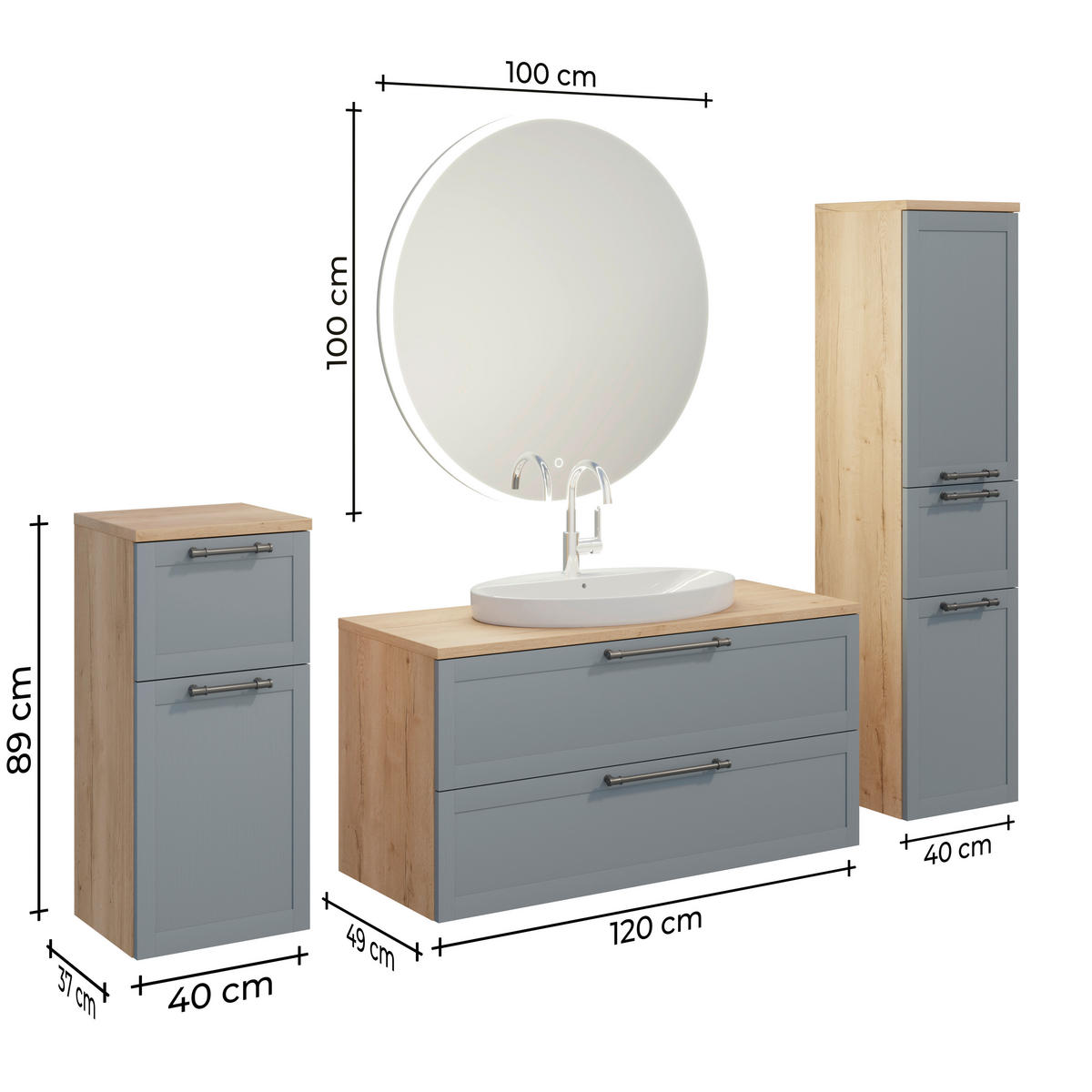 BADEZIMMER 5-teilig  in 200,3 cm  - Edelstahlfarben/Eichefarben, MODERN, Holzwerkstoff/Stein (200,3cm) - Celina Home