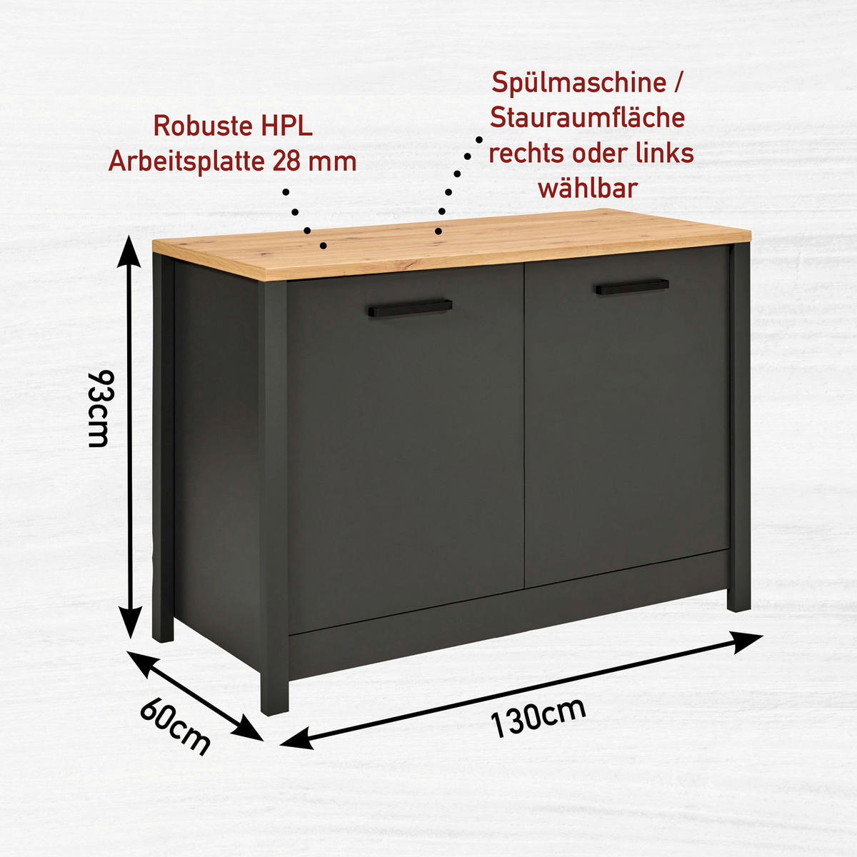 KÜCHENLEERBLOCK   in Anthrazit, Eiche Artisan  - Anthrazit/Schwarz, MODERN, Glas/Holzwerkstoff (370/167/60cm) - home24
