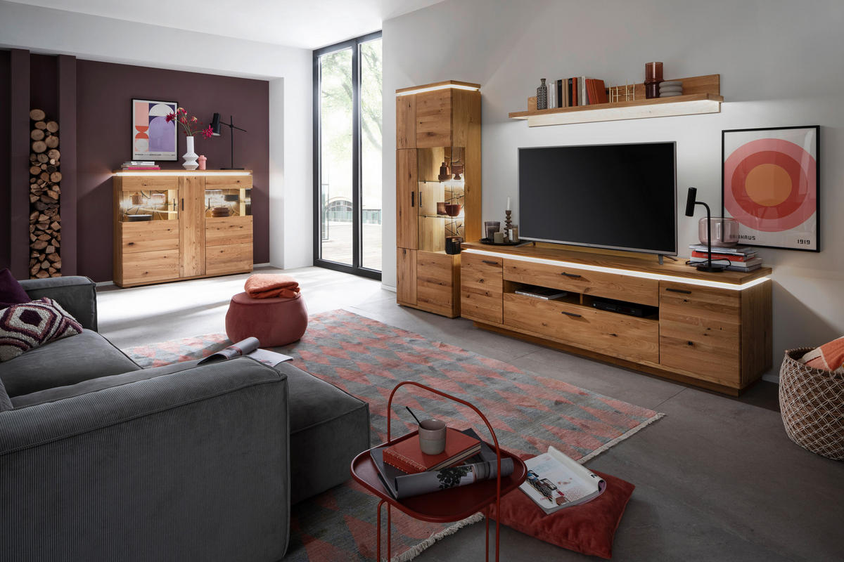 WOHNWAND  in Eichefarben 300/204/50 cm  - Eichefarben/Anthrazit, Natur, Glas/Holz (300/204/50cm) - Linea Natura