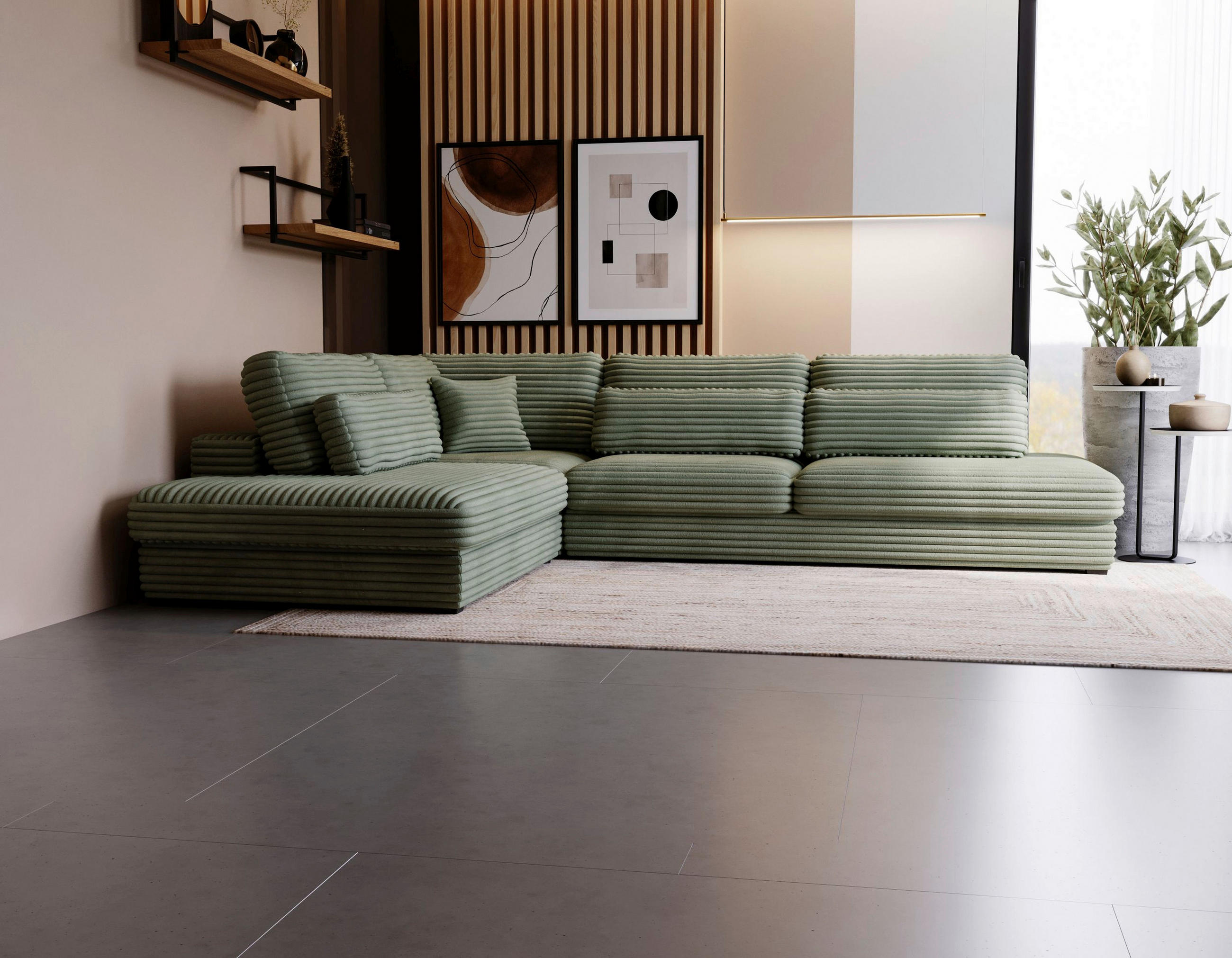 ECKSOFA in Cord, Plüsch Grün  - Schwarz/Grün, Design, Kunststoff/Textil (244/332cm) - Livetastic