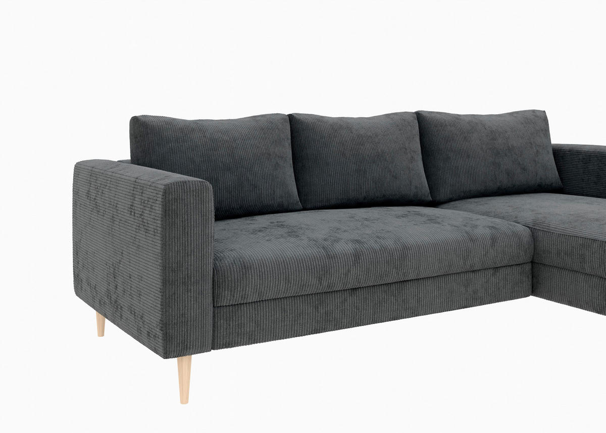 ECKSCHLAFSOFA  mit Rücken echt, Armteil links, Armteil rechts Cord Dunkelgrau  - Dunkelgrau/Buchefarben, MODERN, Holz/Textil (232/161cm) - Trendmanufaktur