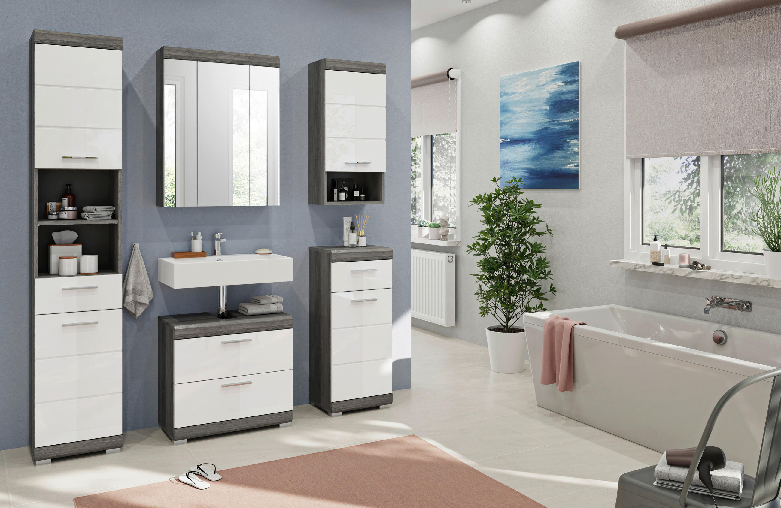 BADEZIMMER 4-teilig  in 97 cm  - Weiß Hochglanz/Grau, MODERN, Holzwerkstoff/Kunststoff (97cm) - MID.YOU