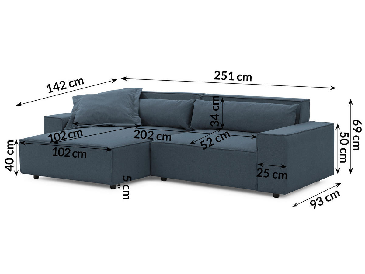ECKSOFA Curduroy in Webstoff Blau Rückenkissen  251/142 cm  - Blau/Schwarz, Design, Kunststoff/Textil (251/142cm) - P & B