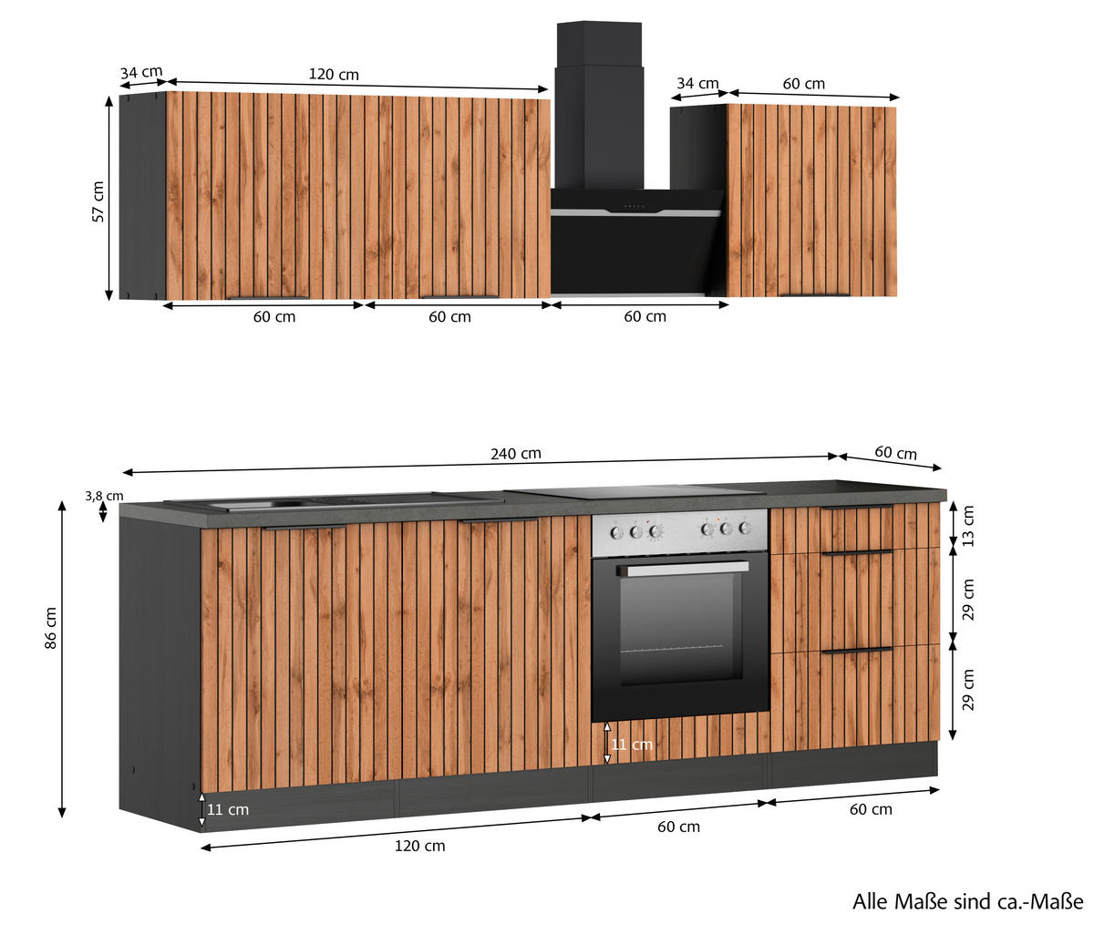 KÜCHENBLOCK 240 cm   in Graphitfarben, Eiche Wotan  - Schieferfarben/Eiche Wotan, Basics, Holzwerkstoff/Metall (240cm) - Held