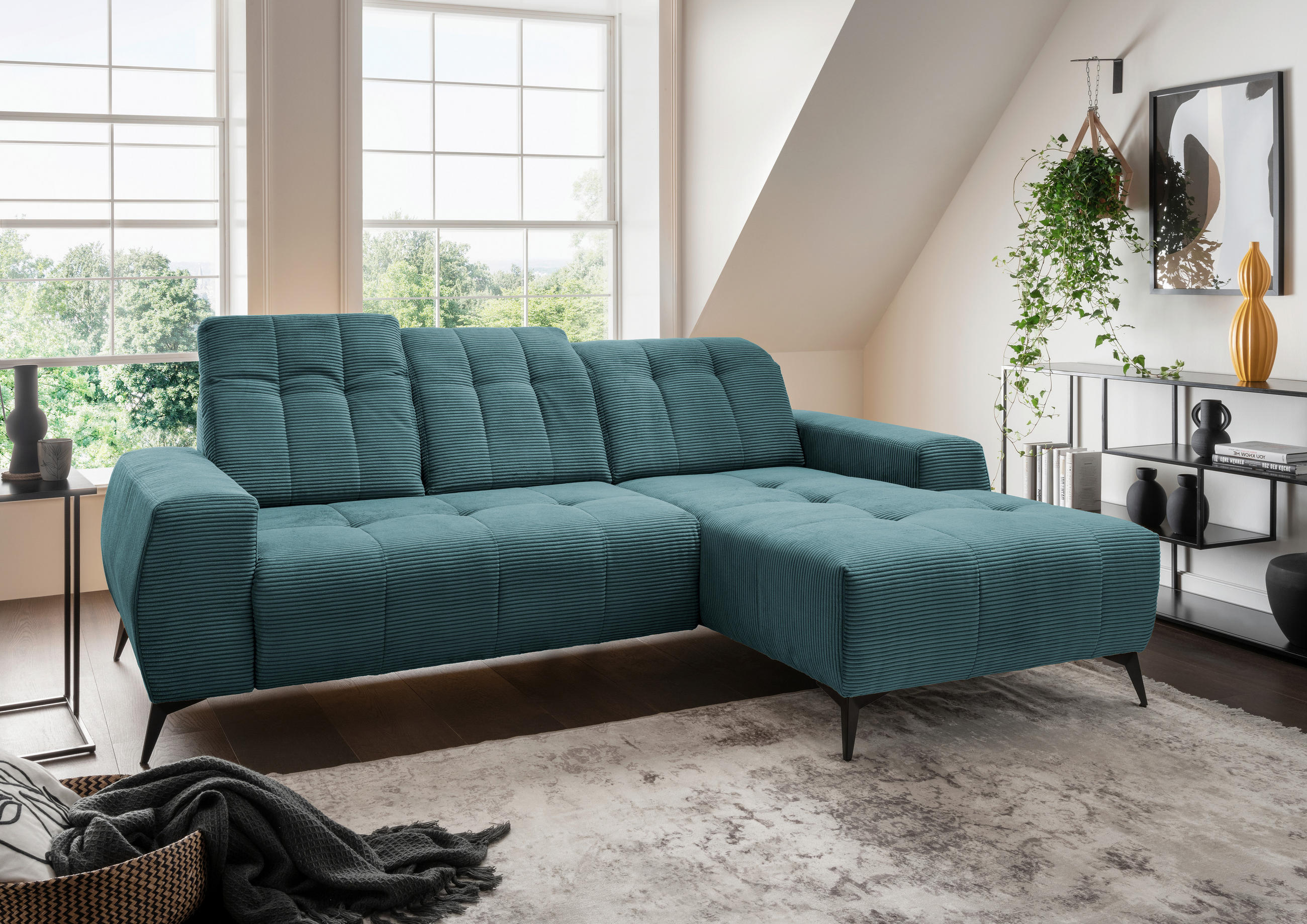 ECKSOFA in Cord Petrol - Petrol/Schwarz, Modern, Textil/Metall (258/180cm) - Livetastic