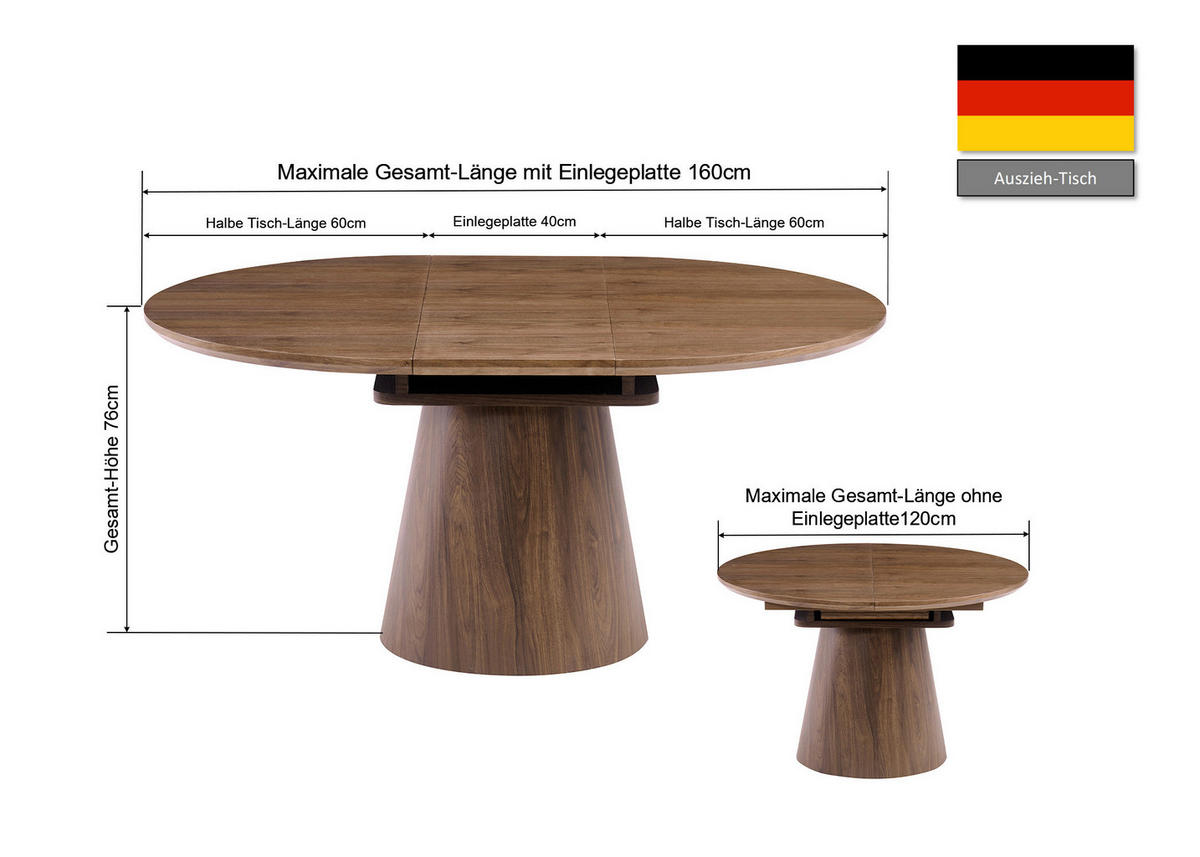 ESSTISCH 120-160/120/76 cm Echtholz, Nachbildung  Holz, Holzwerkstoff ausziehbar oval Walnussfarben  - Walnussfarben, MODERN, Holz/Holzwerkstoff (120-160/120/76cm) - P & B