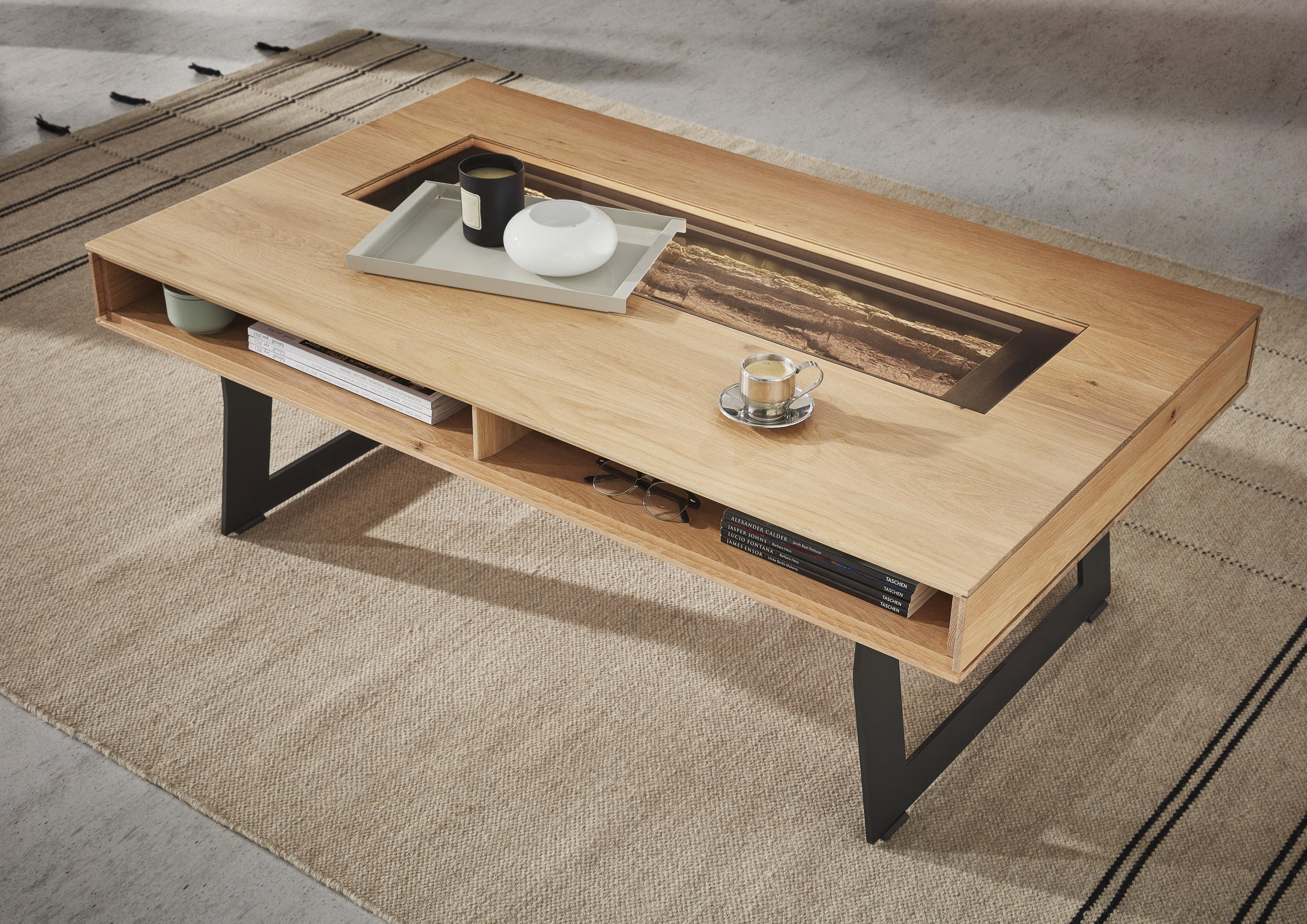Thumbnail - Valnatura Couchtisch, Anthrazit, Eiche, Holz, Metall, Glas, Kerneiche, vollmassiv, rechteckig, Kufe, 75x43x125 cm, Golde...