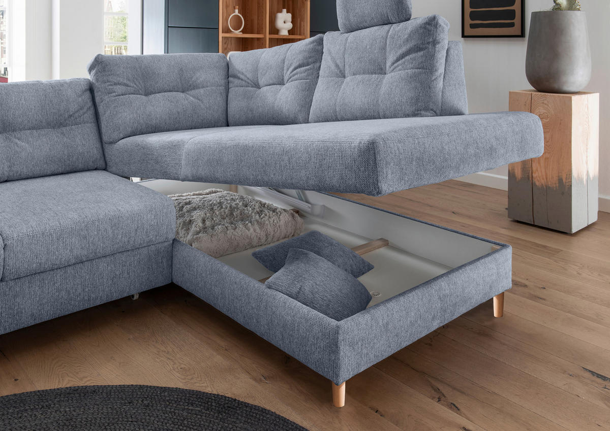 ECKSOFA in Chenille Hellblau  - Naturfarben/Hellblau, Modern, Holz/Textil (264/206cm) - Livetastic