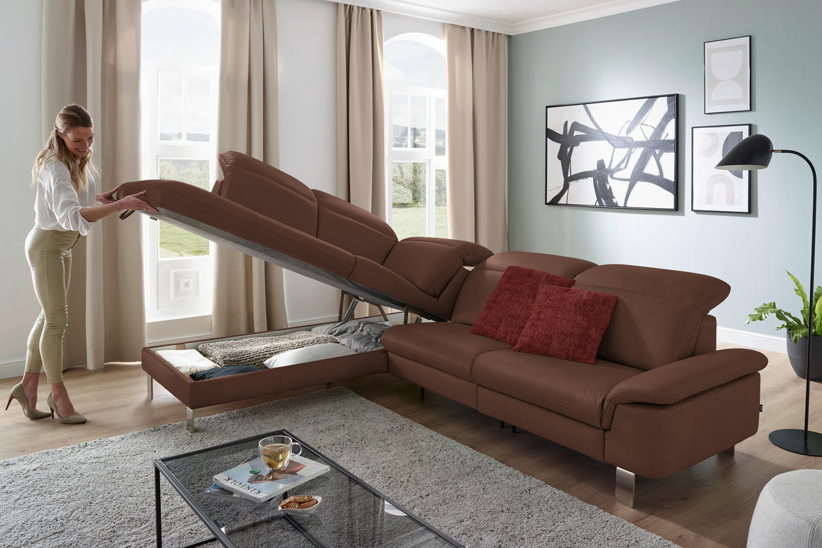 ECKSOFA in Echtleder Braun  233/309 cm  - Edelstahlfarben/Braun, Design, Leder/Metall (233/309cm) - Dieter Knoll