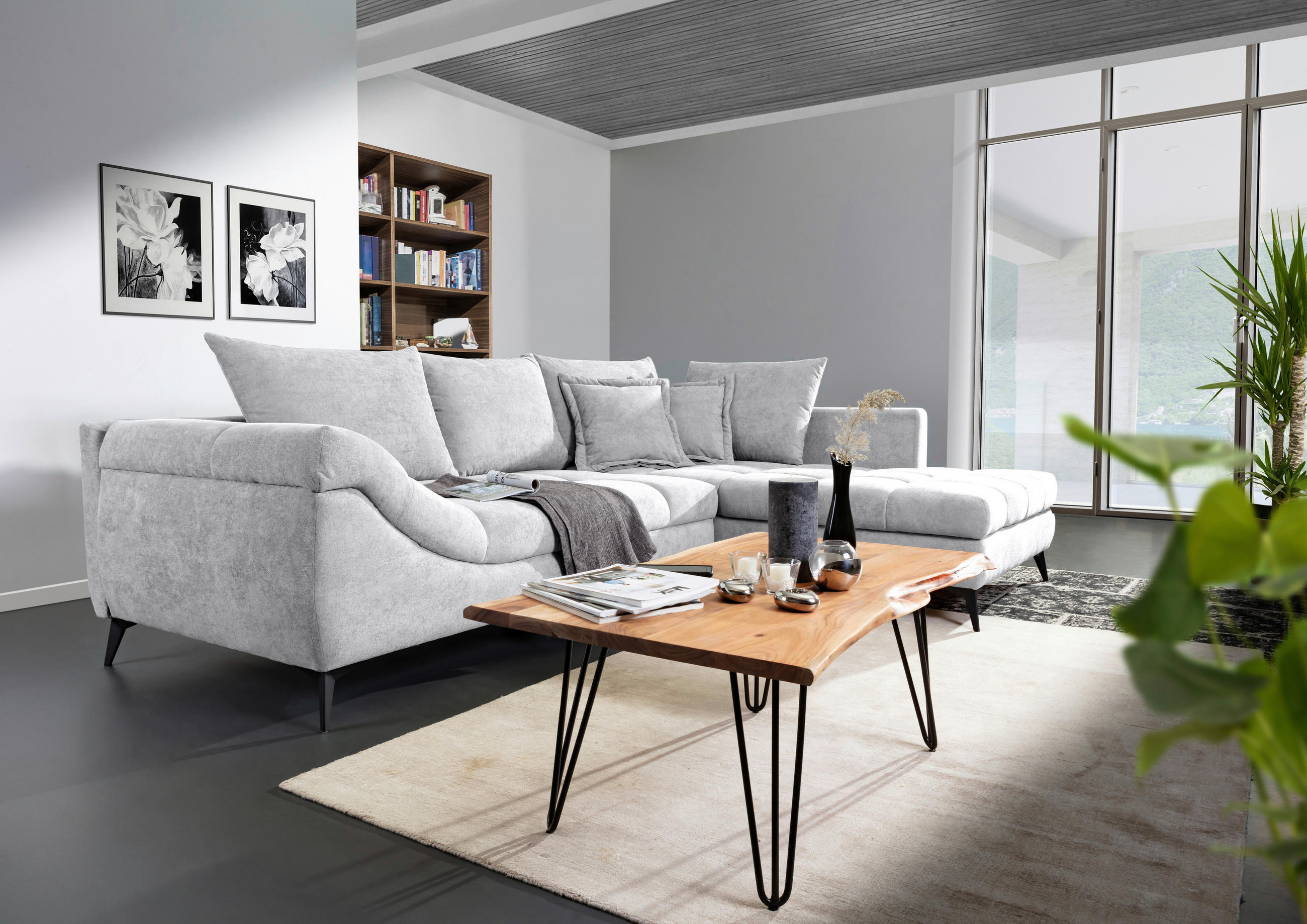 ECKSOFA Grauweiß Flachgewebe  - Grauweiß/Schwarz, Design, Textil/Metall (307/224cm) - Stylife
