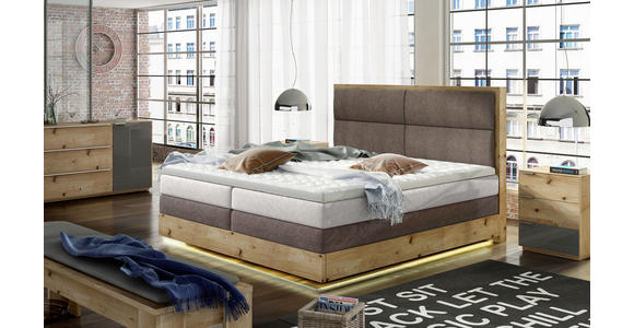BOXSPRINGBETT Webstoff 180/200 cm INKL. Beleuchtung, Topper - Eichefarben/Beige, Design, Holz/Textil (180/200cm) - Linea Natura