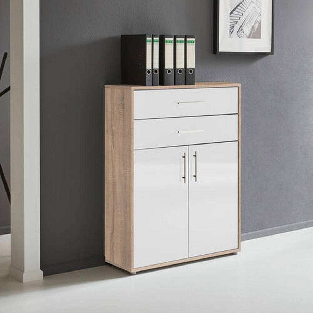 AKTENSCHRANK 84,5/114/33 cm  - Weiß Hochglanz/Sonoma Eiche, MODERN, Holzwerkstoff (84,5/114/33cm) - MID.YOU