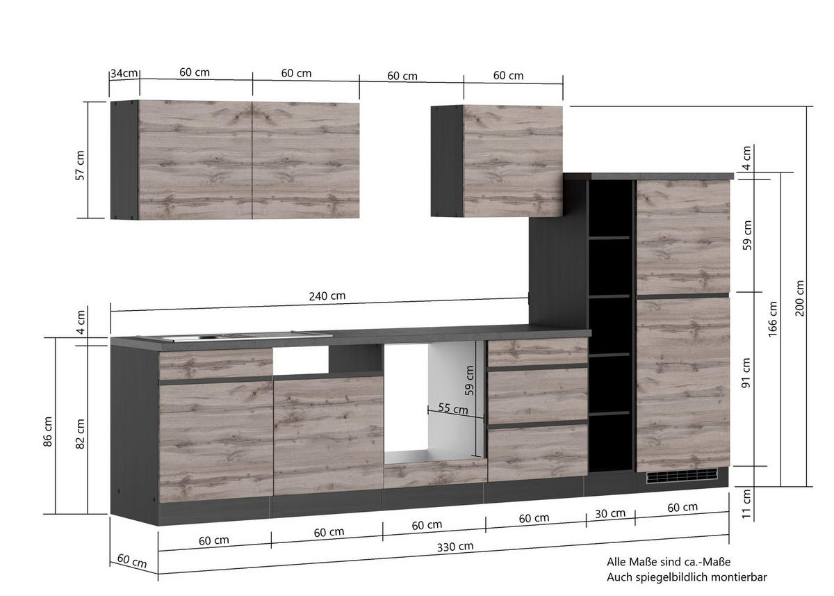 KÜCHENLEERBLOCK 330 cm   in Graphitfarben, Eiche Wotan  - Eiche Wotan/Graphitfarben, Design, Holzwerkstoff (330cm) - Held