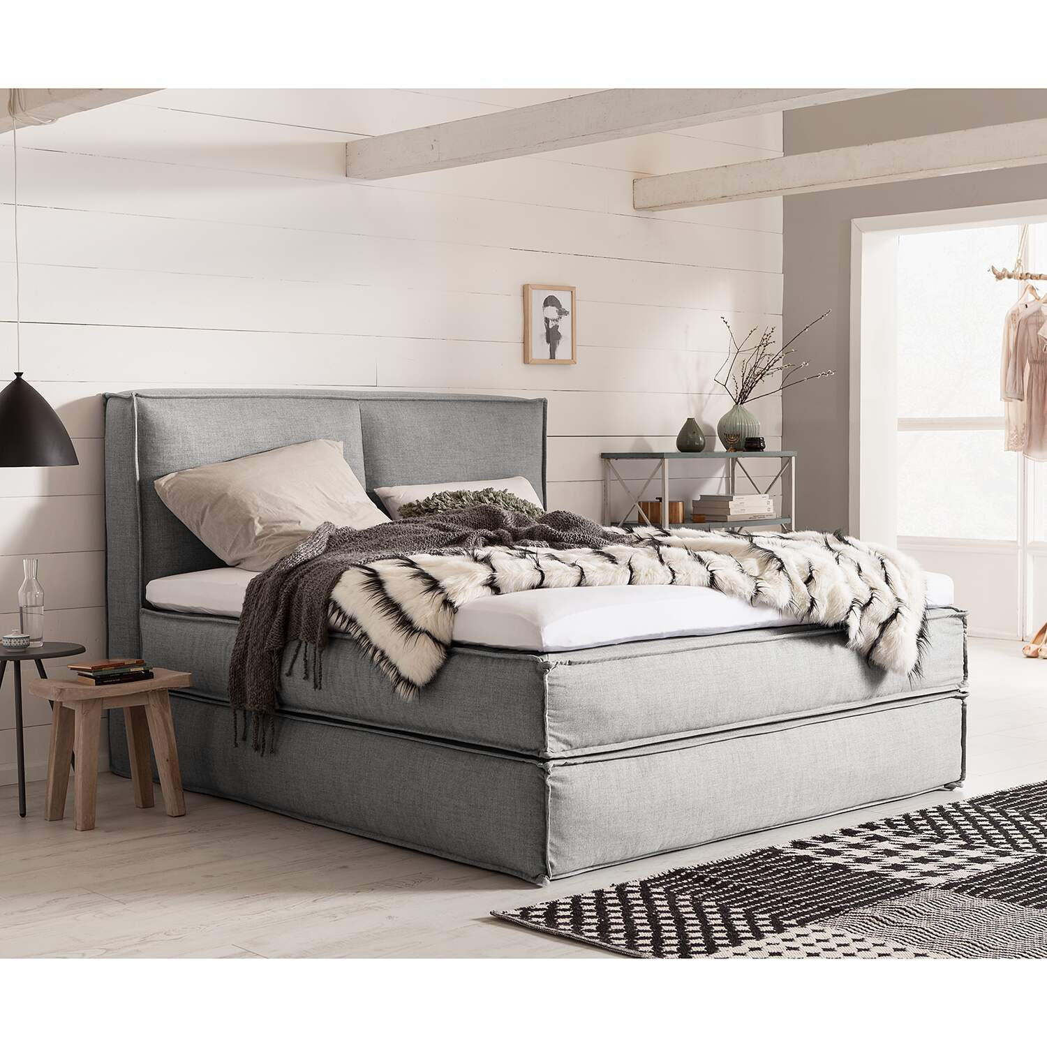 Thumbnail - home24 Boxspringbett Kinx, Hellgrau, Textil, H3, 7-Zonen, Höhe ca. 24 cm, 160x220 cm, gepolstertes Kopfteil, Topper durc...