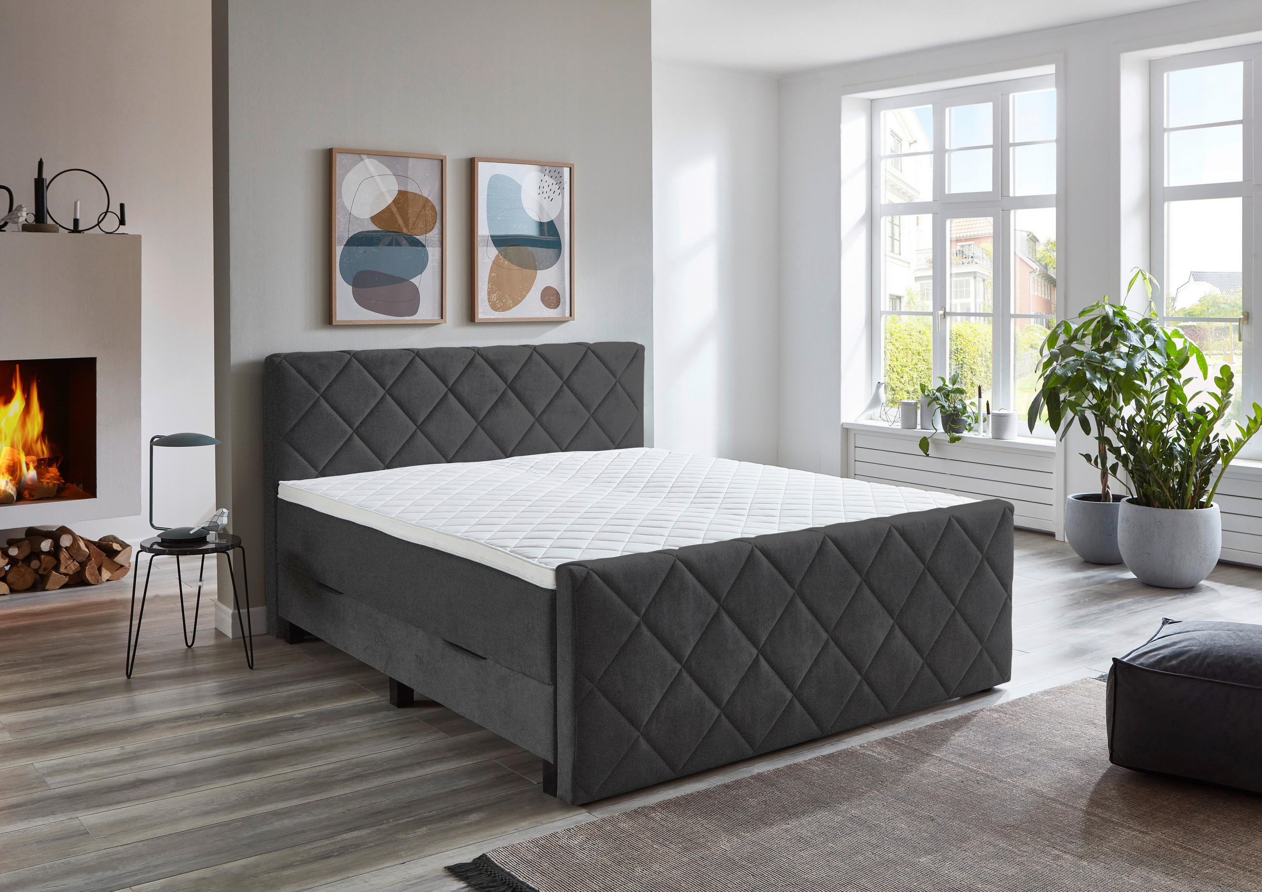 Thumbnail - home24 Boxspringbett, Schwarz, Textil, H3, Höhe ca. 25 cm, 180x200 cm, gepolstertes Kopfteil, Topper durchgehend, Schlaf...