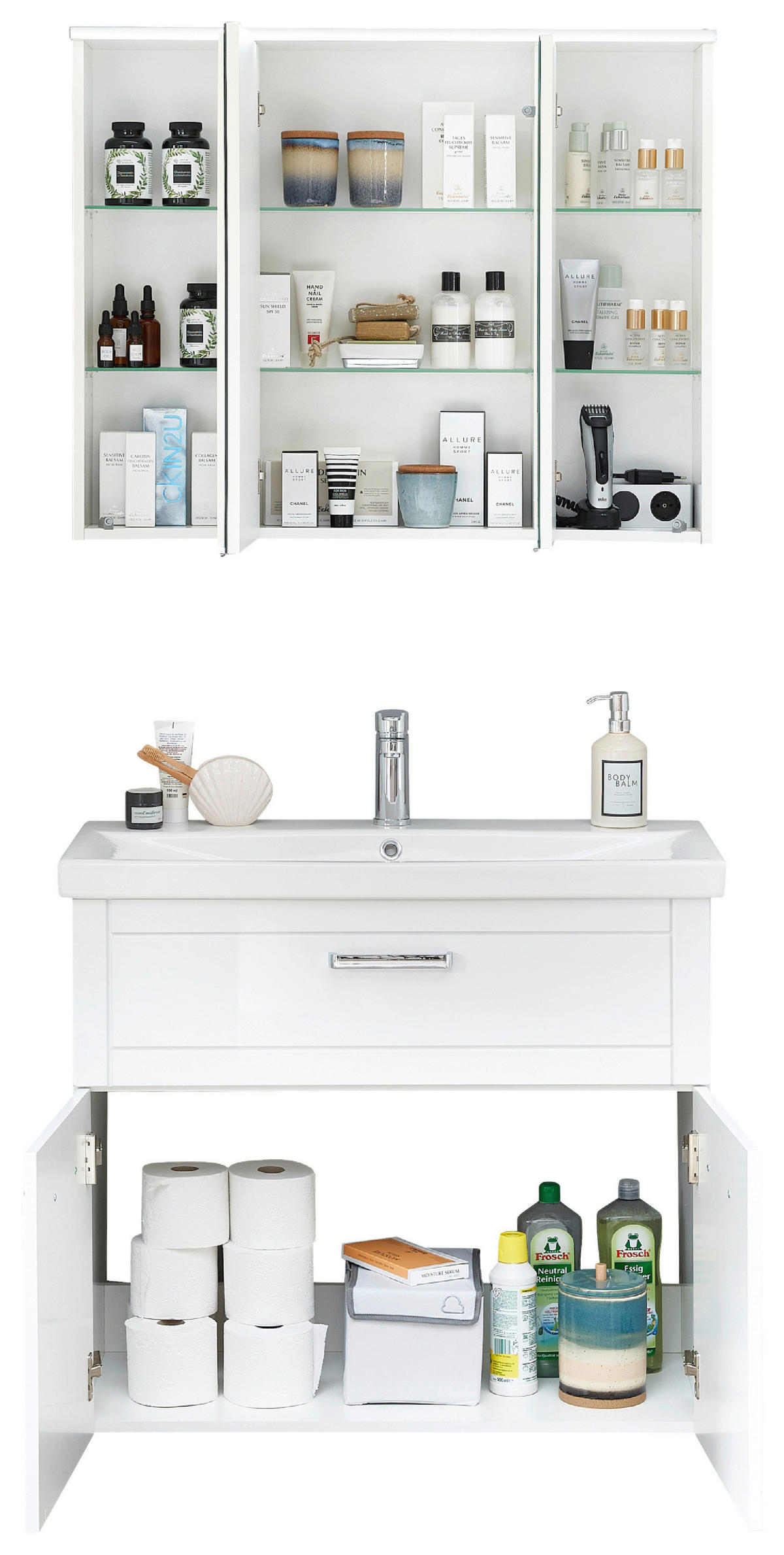 BADEZIMMER 3-teilig  in 90 cm  - Chromfarben/Weiß Hochglanz, MODERN, Glas/Keramik (90cm) - Sadena