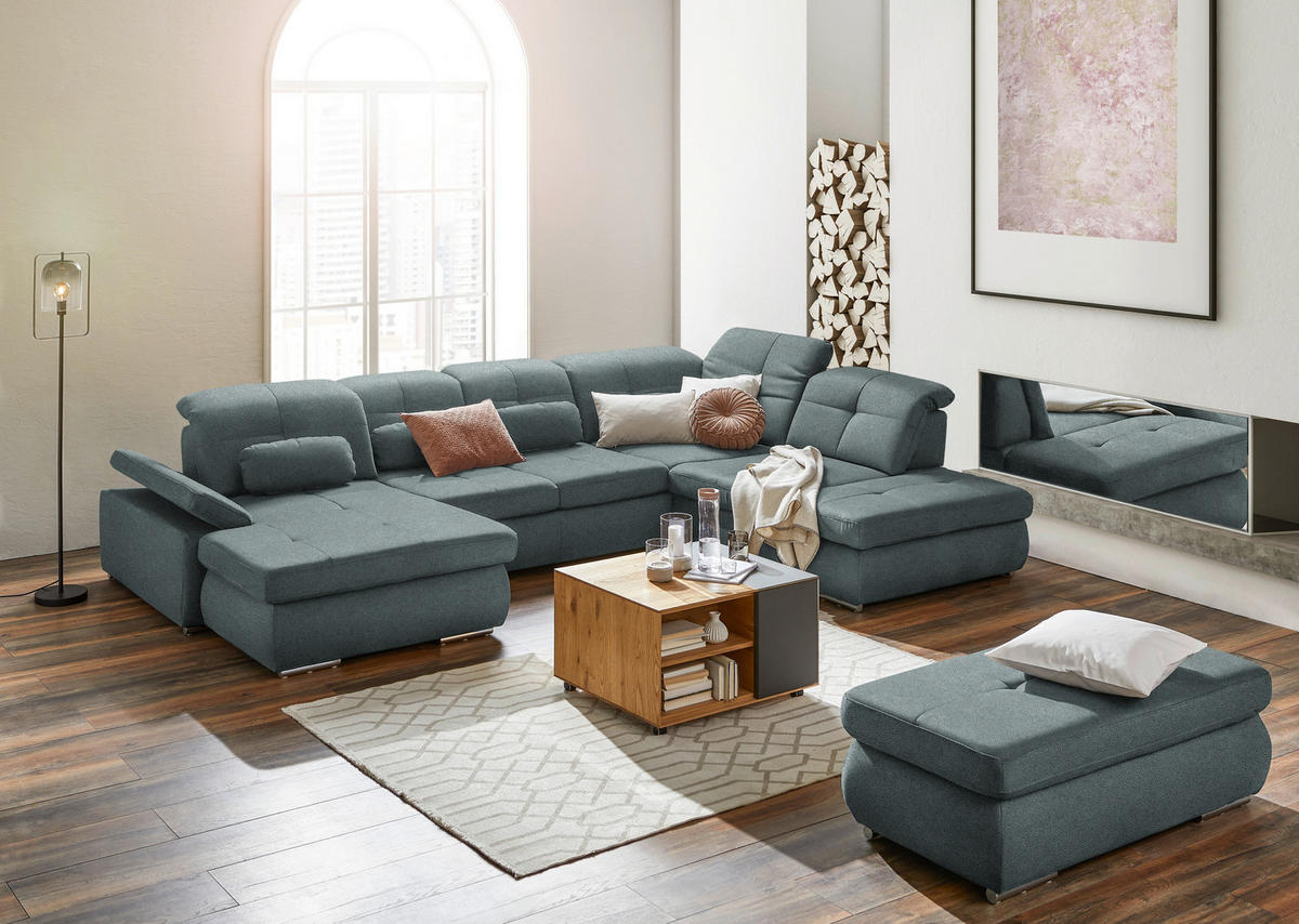 WOHNLANDSCHAFT Mikrofaser Blaugrau  - Chromfarben/Blaugrau, Design, Textil (195/371/260cm) - Beldomo Style