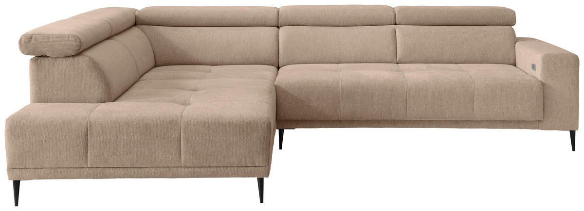 ECKSOFA INTERA Hellbraun Struktur Kopfteilverstellung, Sitzvorzug  - Hellbraun/Schwarz, KONVENTIONELL, Textil/Metall (225/305cm) - Livetastic